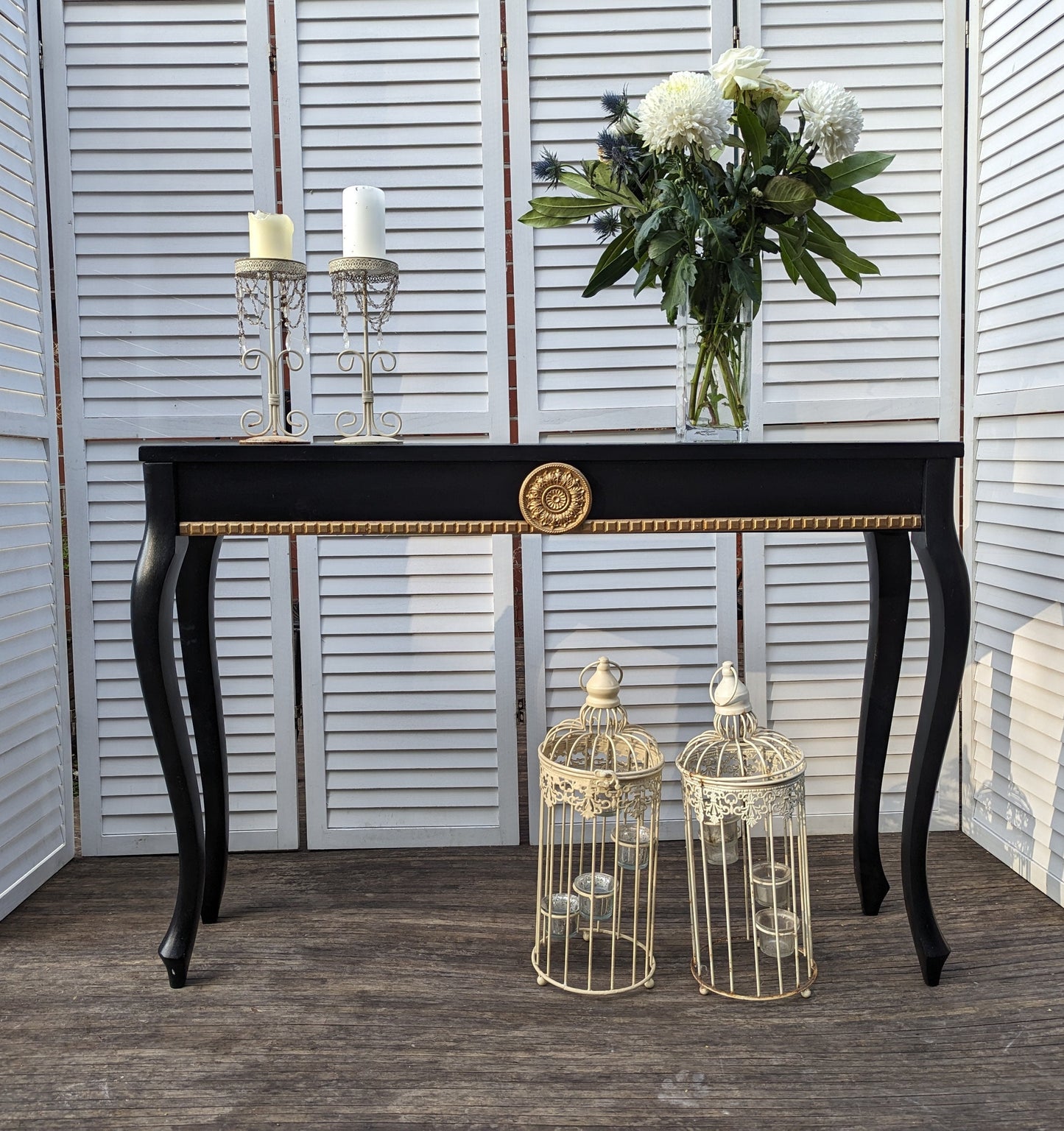 Black and gold French style carved wooden console table, narrow table, vintage, vanity, dressing, ornaments, shabby chic style.