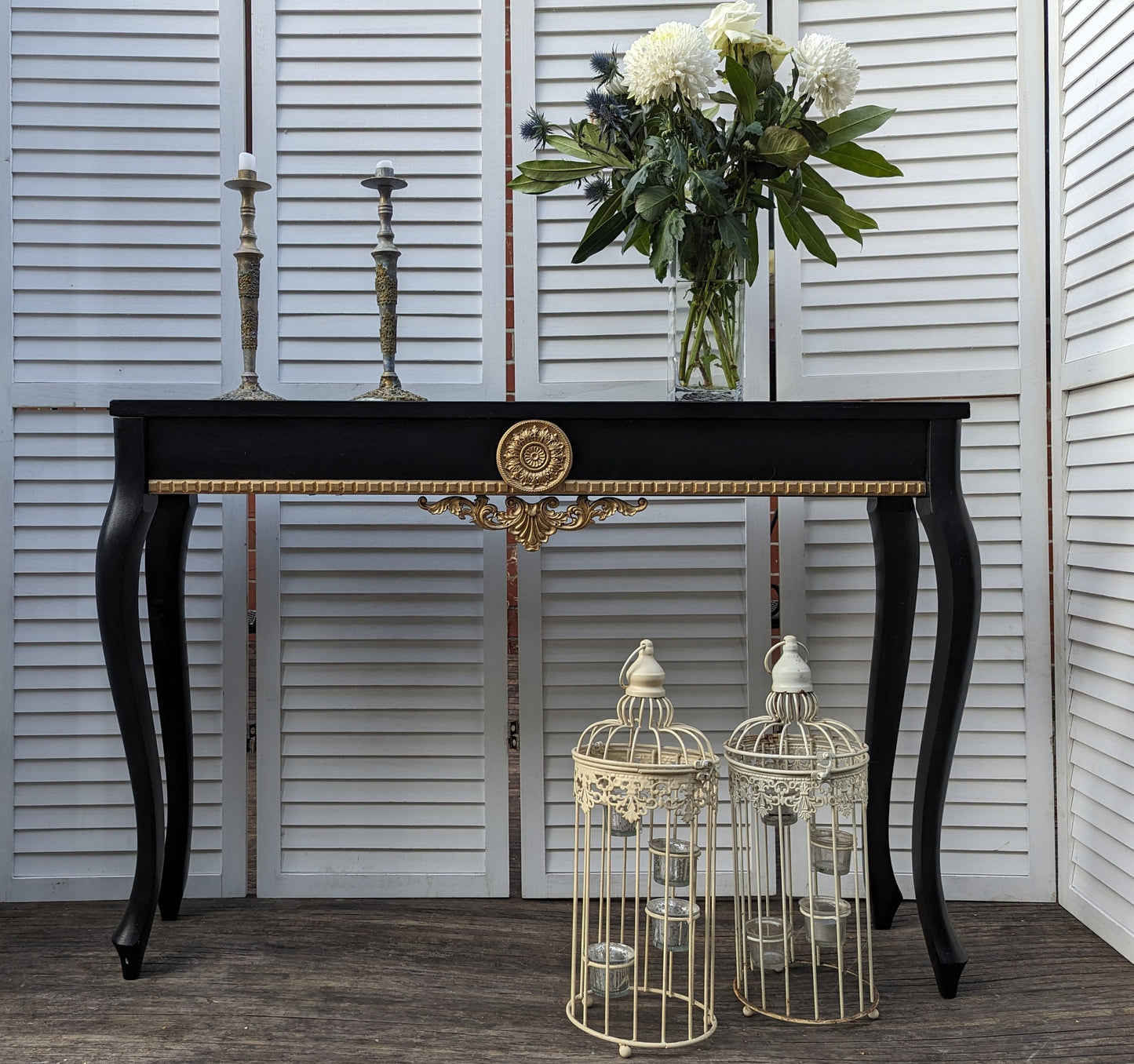 Black and gold French style carved wooden console table, narrow table, vintage, vanity, dressing, ornaments, shabby chic style.