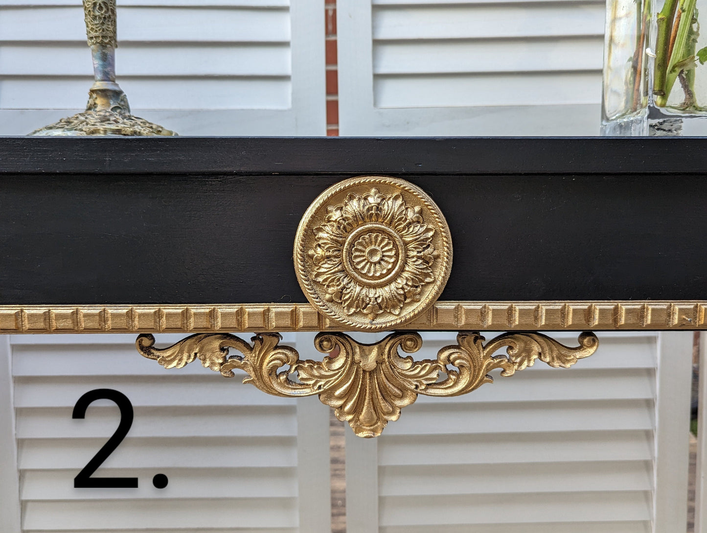 Black and gold French style carved wooden console table, narrow table, vintage, vanity, dressing, ornaments, shabby chic style.