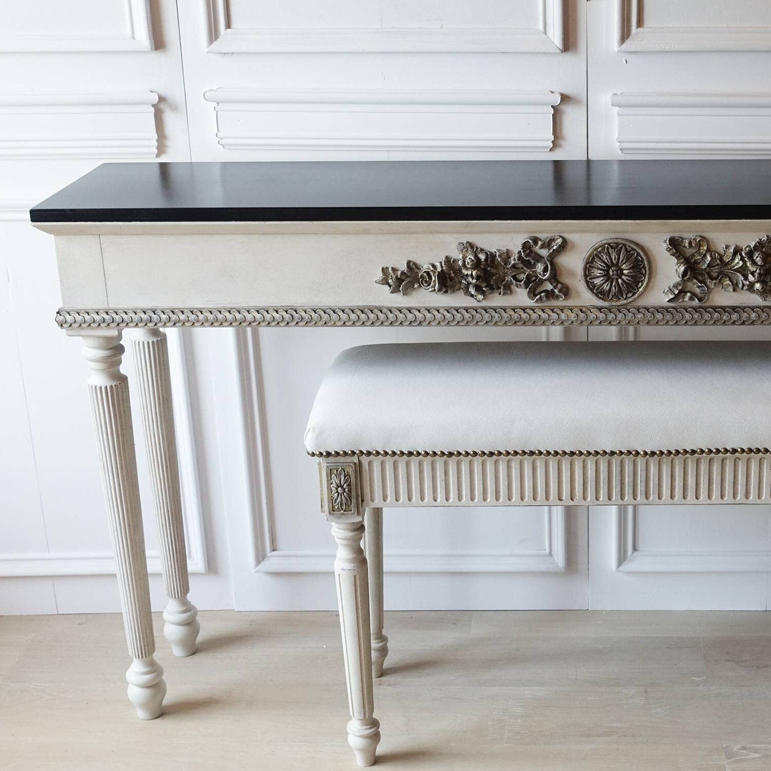 French style carved wooden console table white distress finish, White wooden console,carved console, gold ornaments