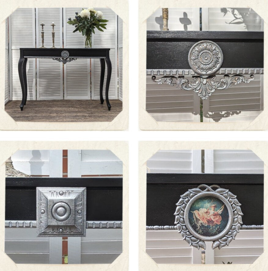 French style carved wooden desk, black finish, wooden desk, console, carved desk, silver ornaments