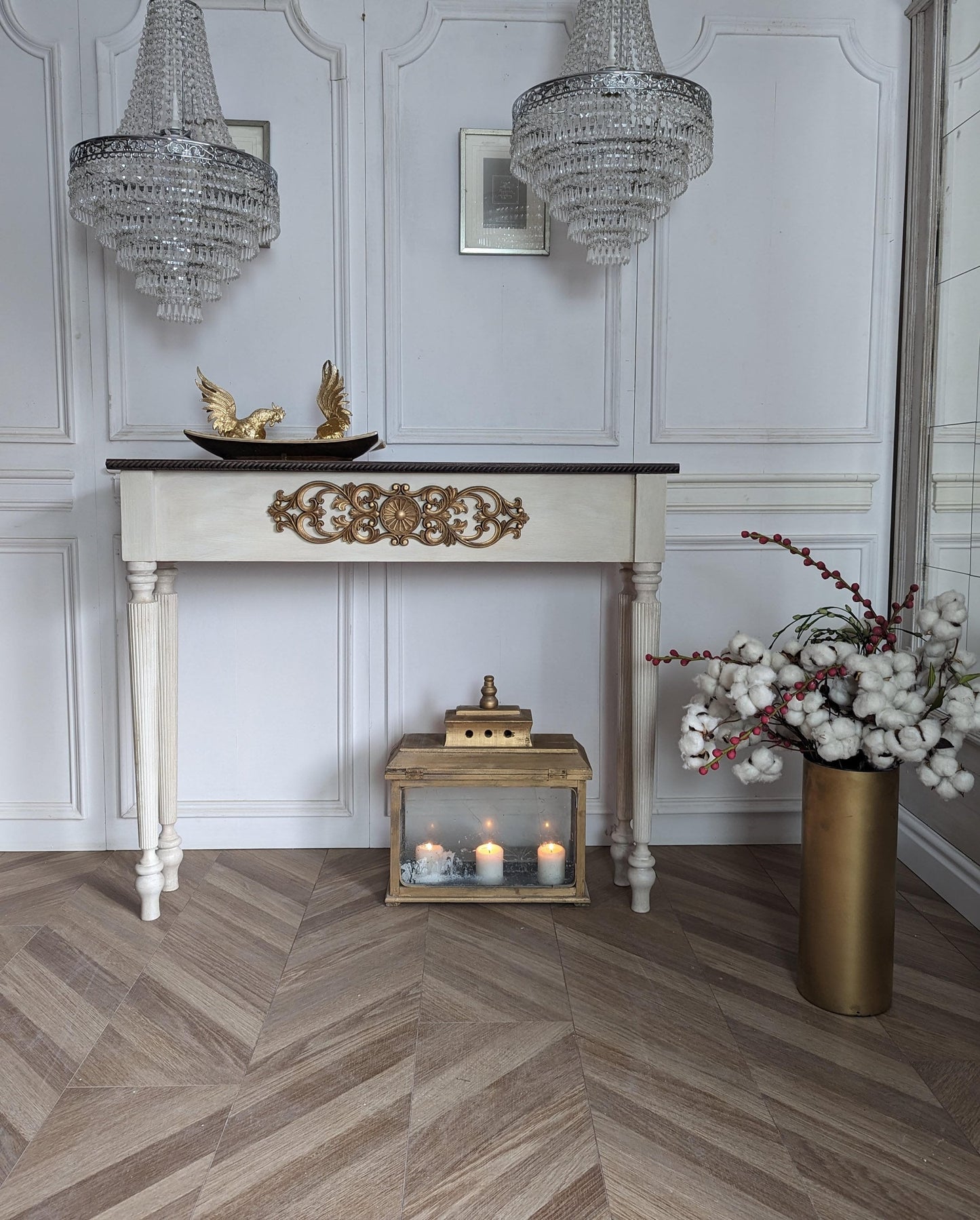 French style carved wooden console table white distress finish, White wooden console, carved console, ornaments