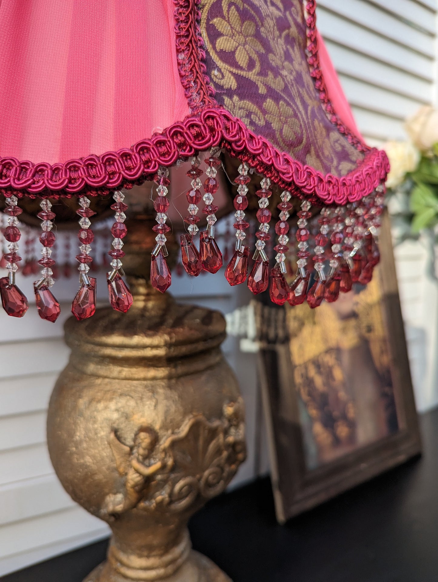 Beautiful Gold French style lamp with handmade lampshade. Retro style. Unique, classy, . Lampshade. . Antique beige. Vintage lamp.