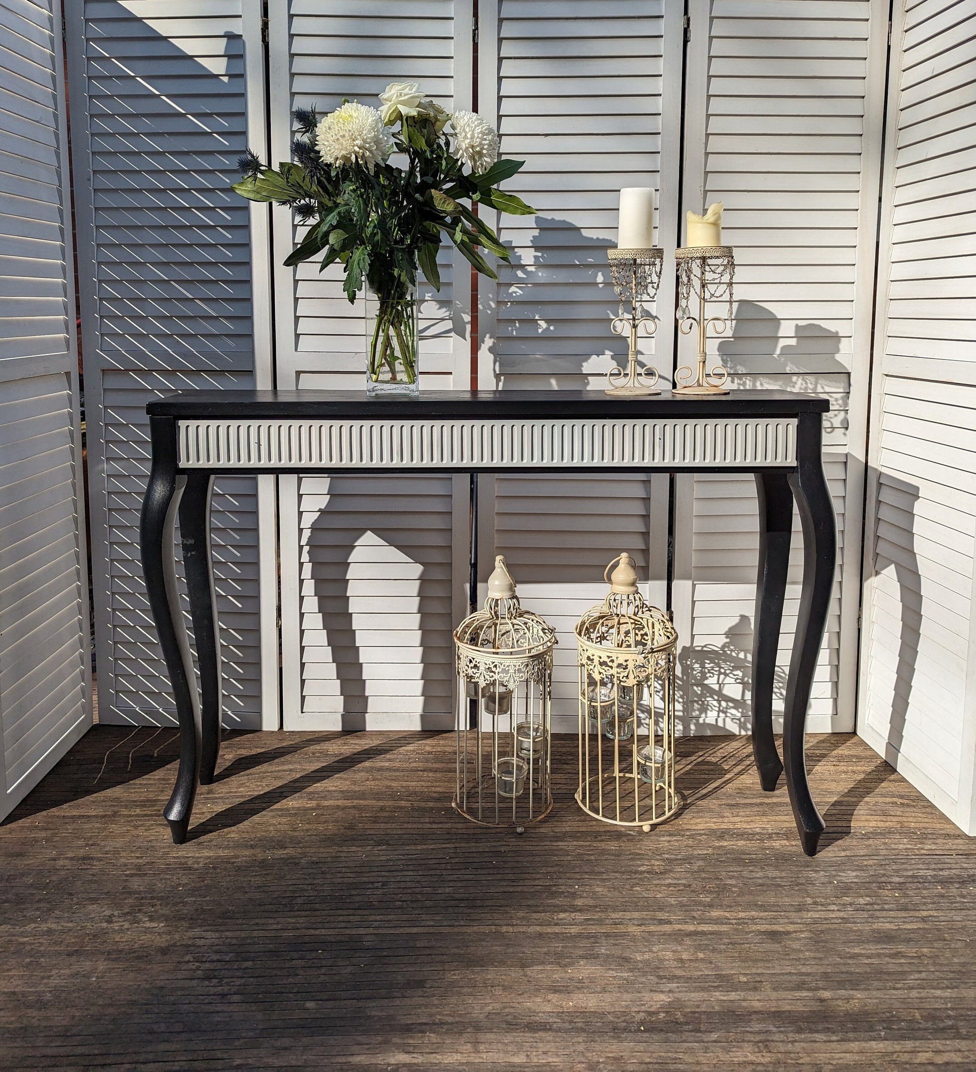 Black and white French style carved wooden console table, narrow table, vintage, vanity, dressing, ornaments, shabby chic style.