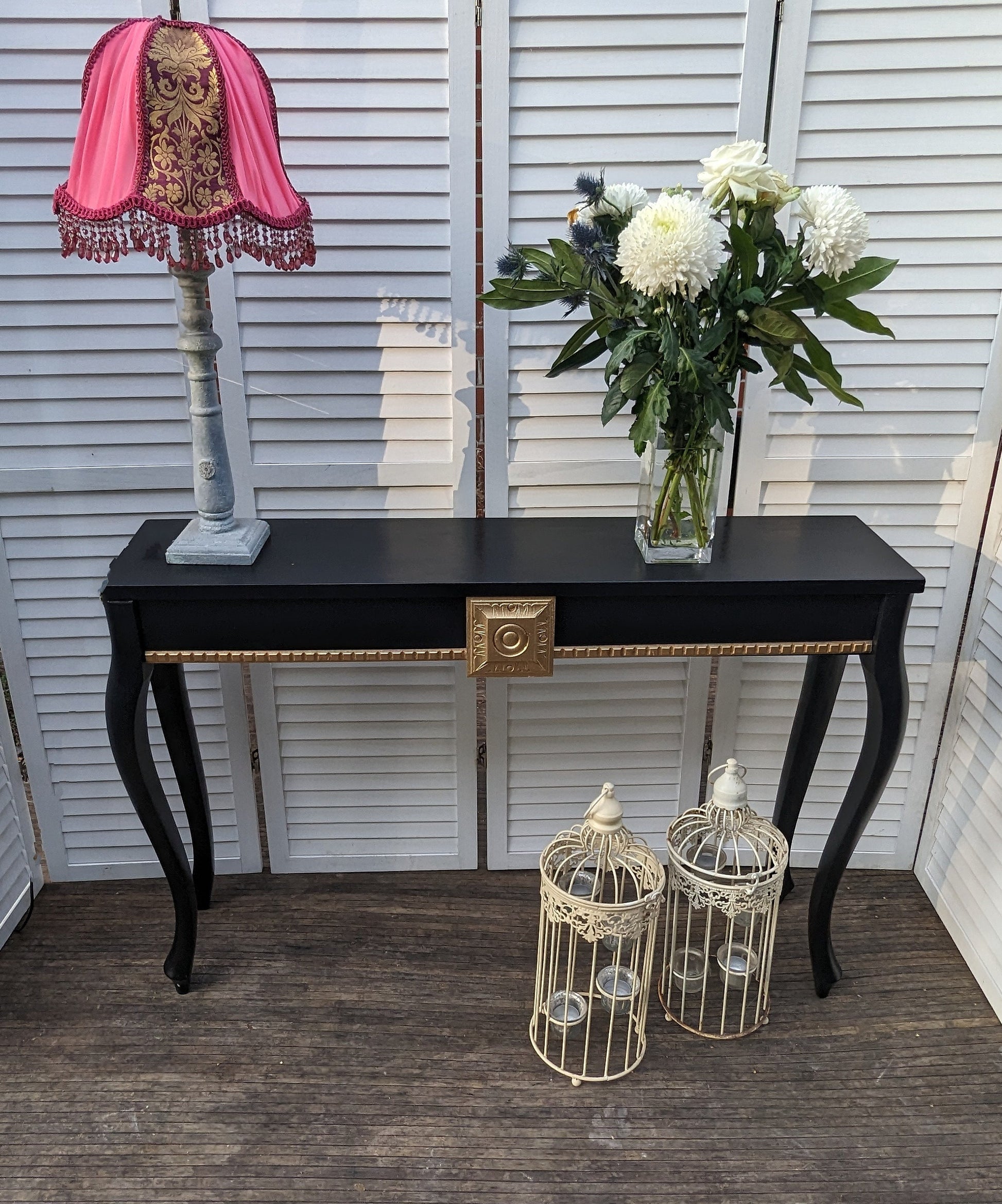 Black and gold French style carved wooden console table, narrow table, vintage, vanity, dressing, ornaments, shabby chic style.