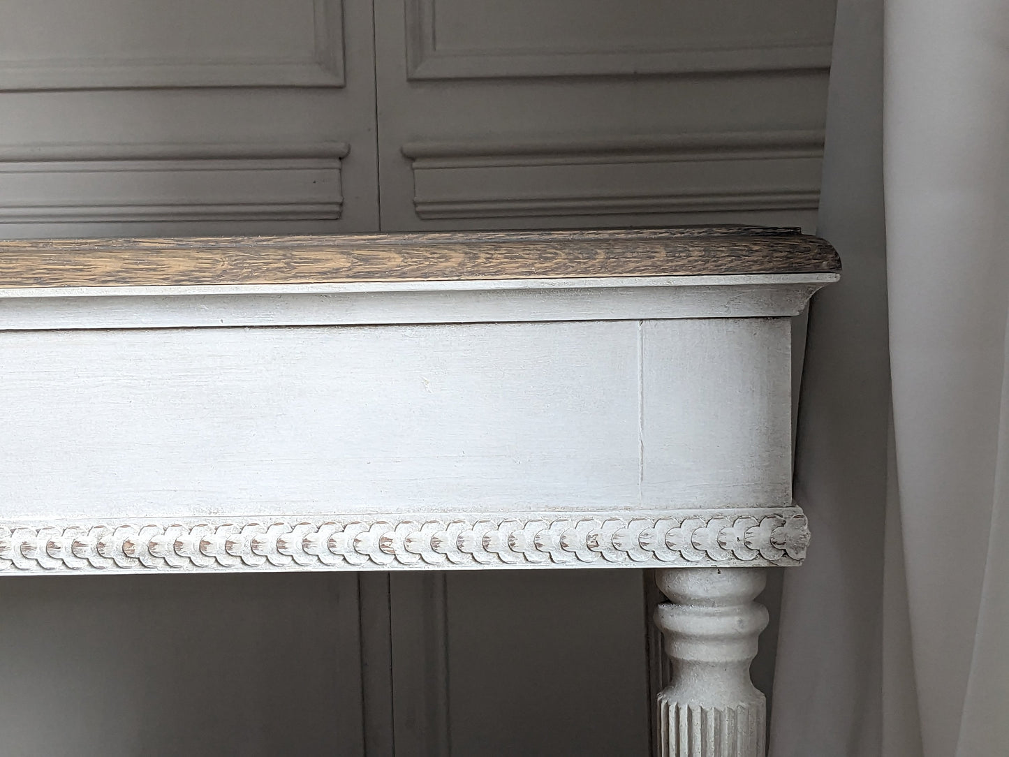 French style carved wooden console table distress finish, White wooden console, carved console, narrow table,