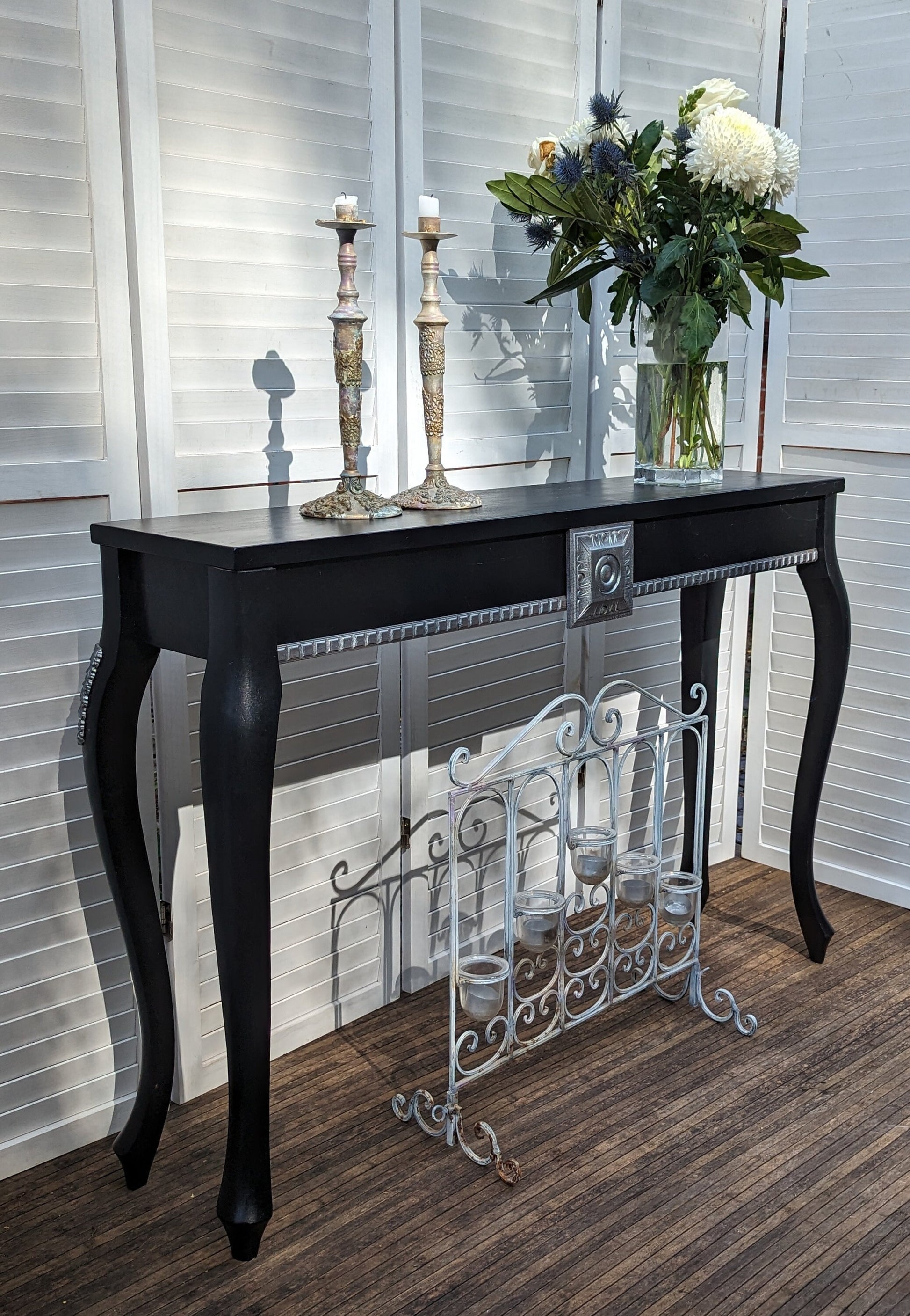 French style carved wooden desk, black finish, wooden desk, console, carved desk, silver ornaments