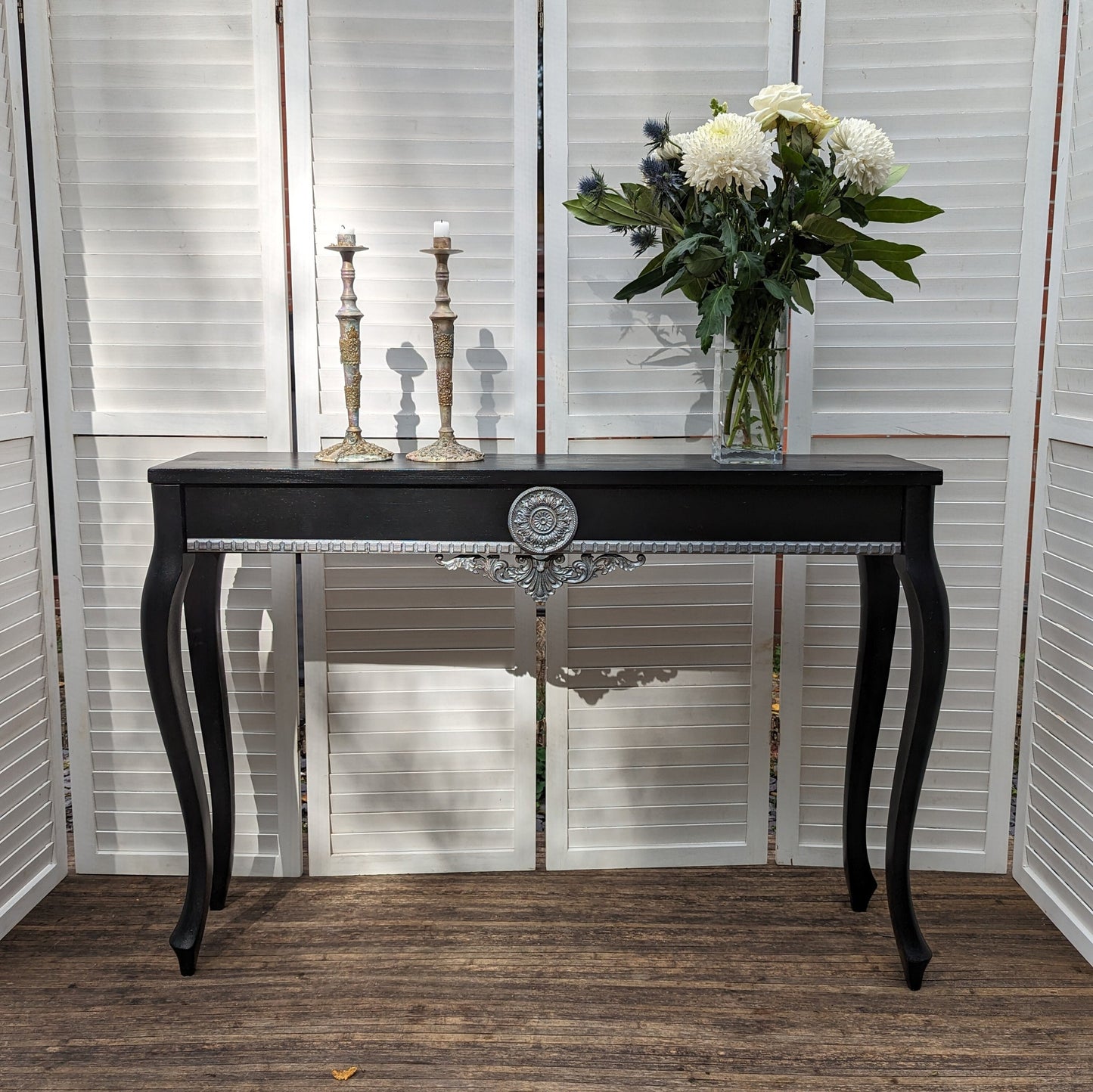 French style carved wooden desk, black finish, wooden desk, console, carved desk, silver ornaments