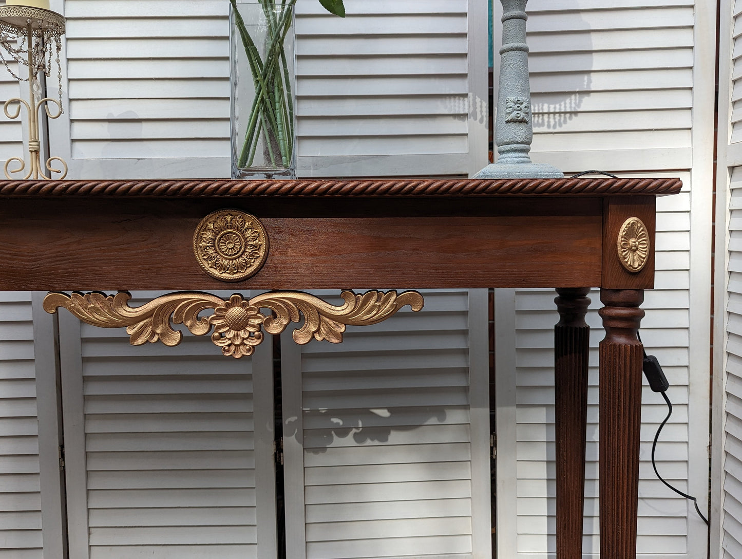 Satin Wood colours Console table French, Vintage style, wooden console table, carved console, gold ornaments. shabby chic,