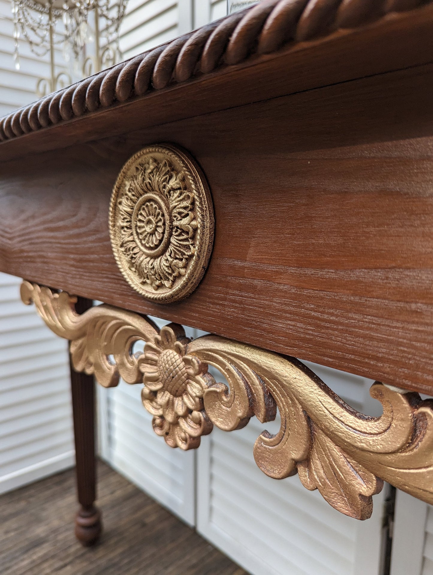 Satin Wood colours Console table French, Vintage style, wooden console table, carved console, gold ornaments. shabby chic,