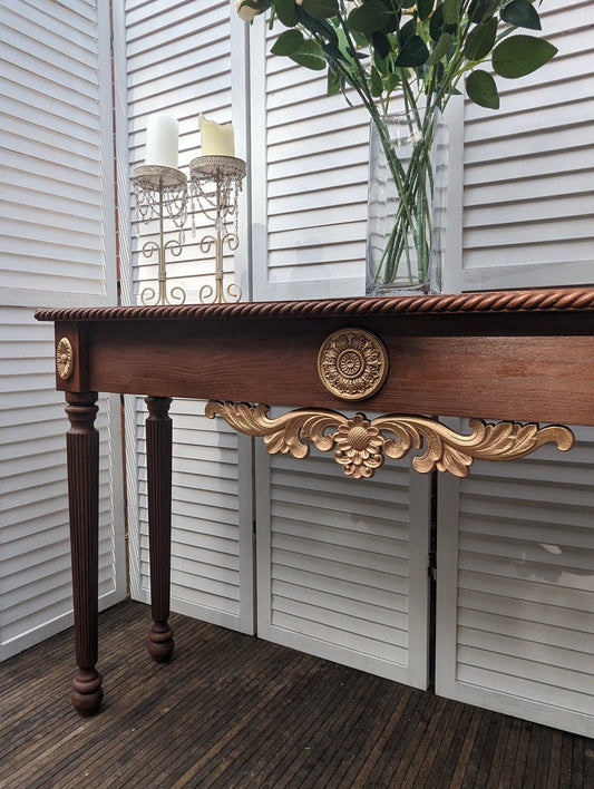 Satin Wood colours Console table French, Vintage style, wooden console table, carved console, gold ornaments. shabby chic,