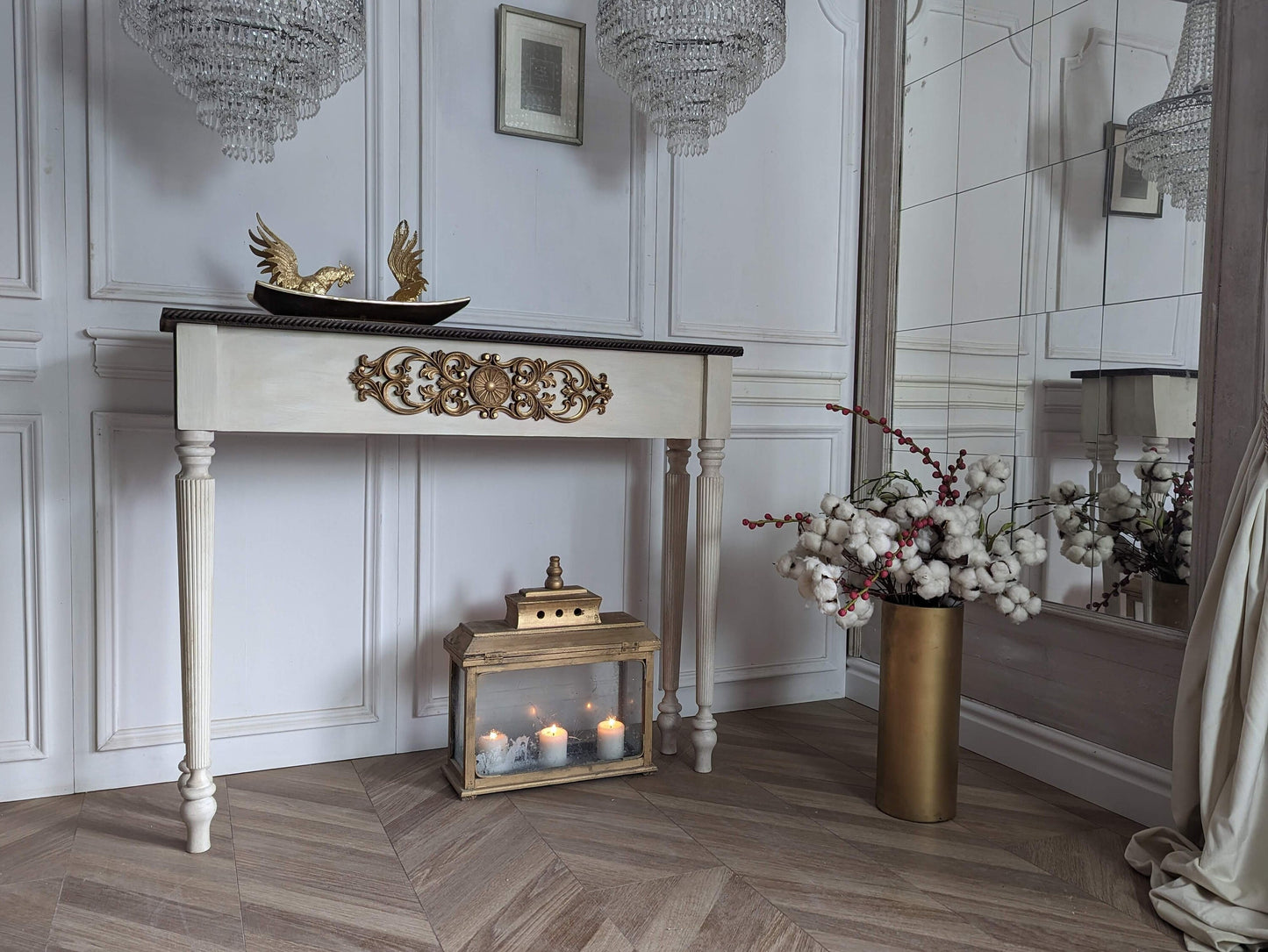 French style carved wooden console table white distress finish, White wooden console, carved console, ornaments