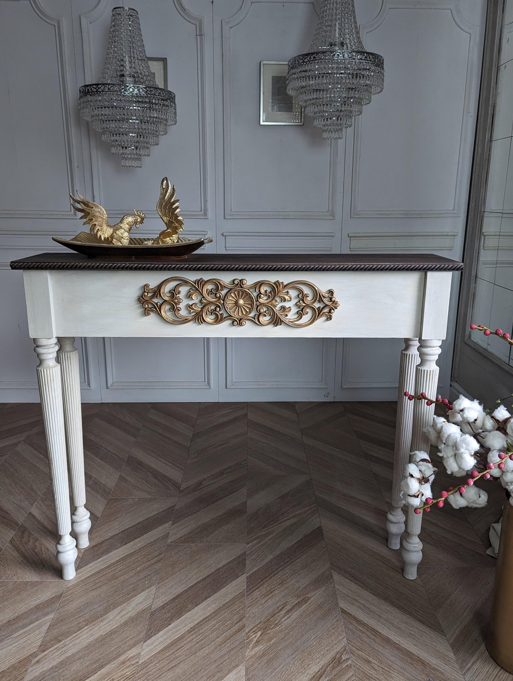 French style carved wooden console table white distress finish, White wooden console, carved console, ornaments