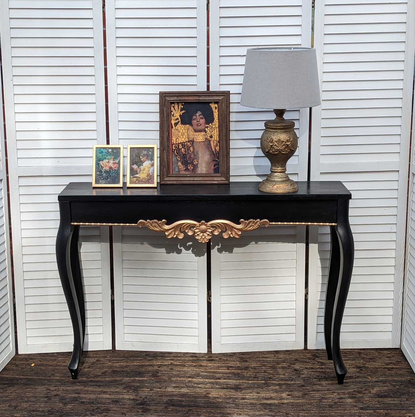 Black with gold ornaments French style carved wooden console table, narrow table, vintage, vanity, dressing, shabby chic etnty table.