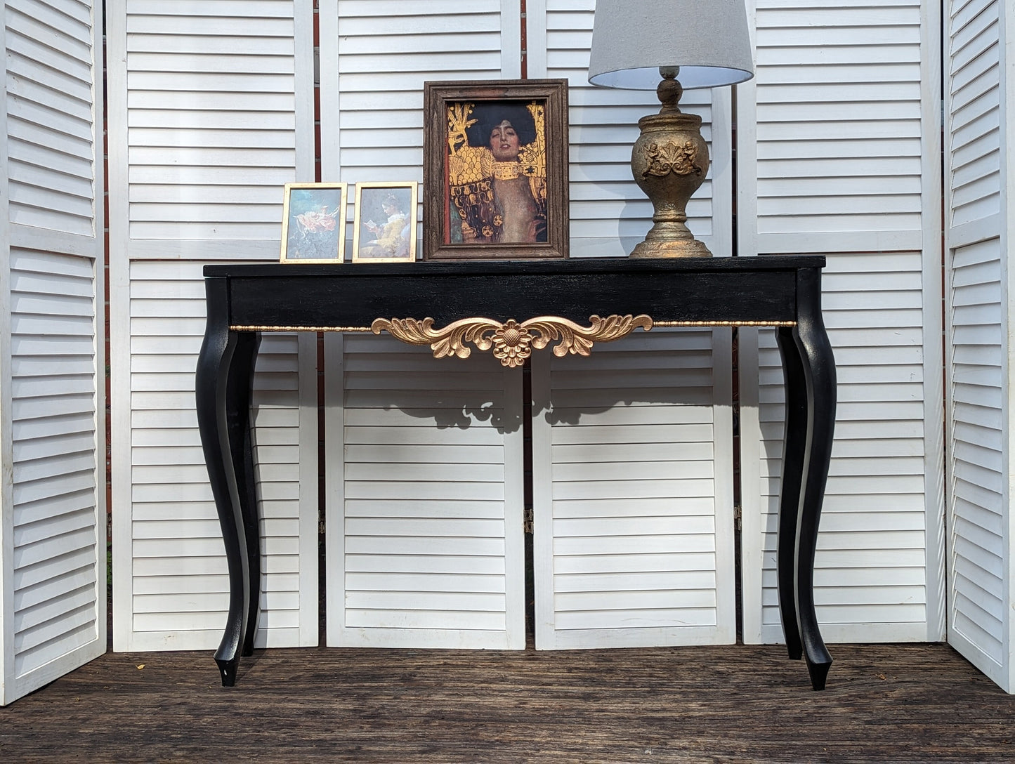 Black with gold ornaments French style carved wooden console table, narrow table, vintage, vanity, dressing, shabby chic etnty table.