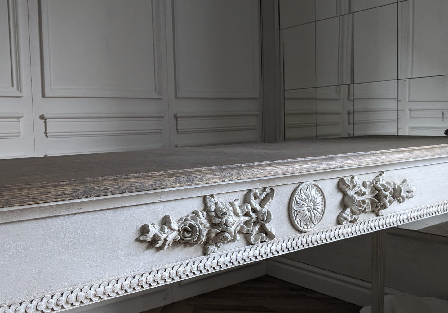 French style carved wooden console table distress finish, White wooden console, carved console, narrow table,