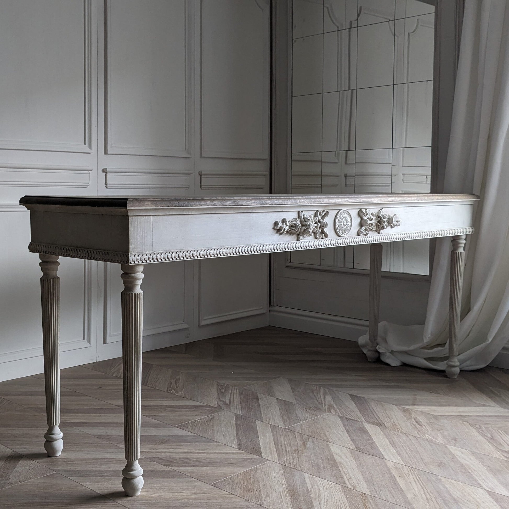 French style carved wooden console table distress finish, White wooden console, carved console, narrow table,