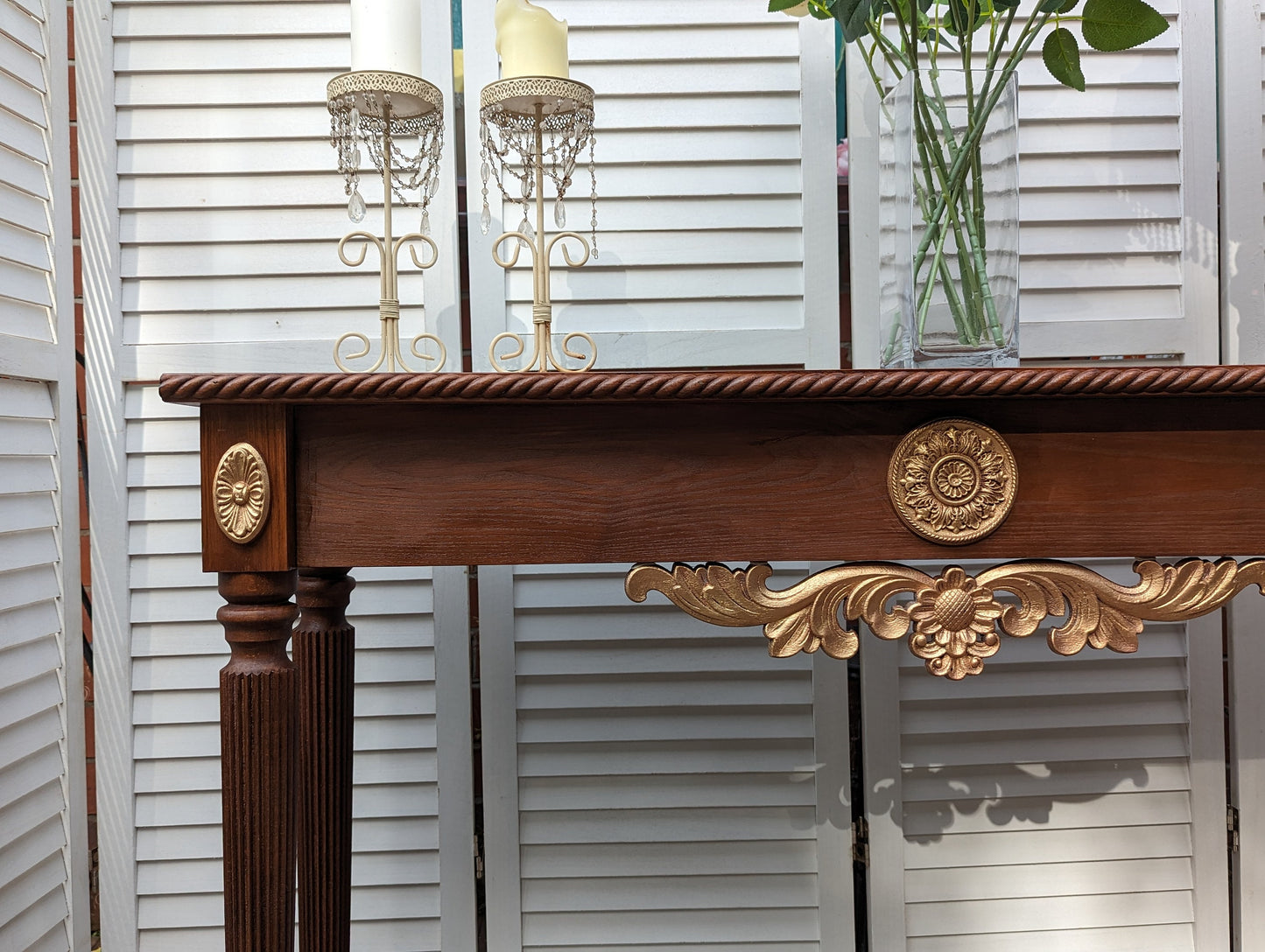 Satin Wood colours Console table French, Vintage style, wooden console table, carved console, gold ornaments. shabby chic,