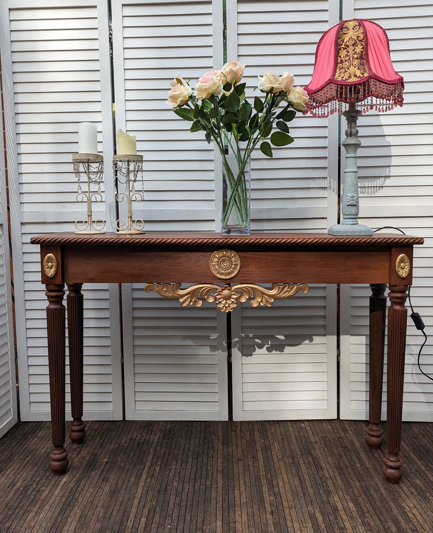 Satin Wood colours Console table French, Vintage style, wooden console table, carved console, gold ornaments. shabby chic,