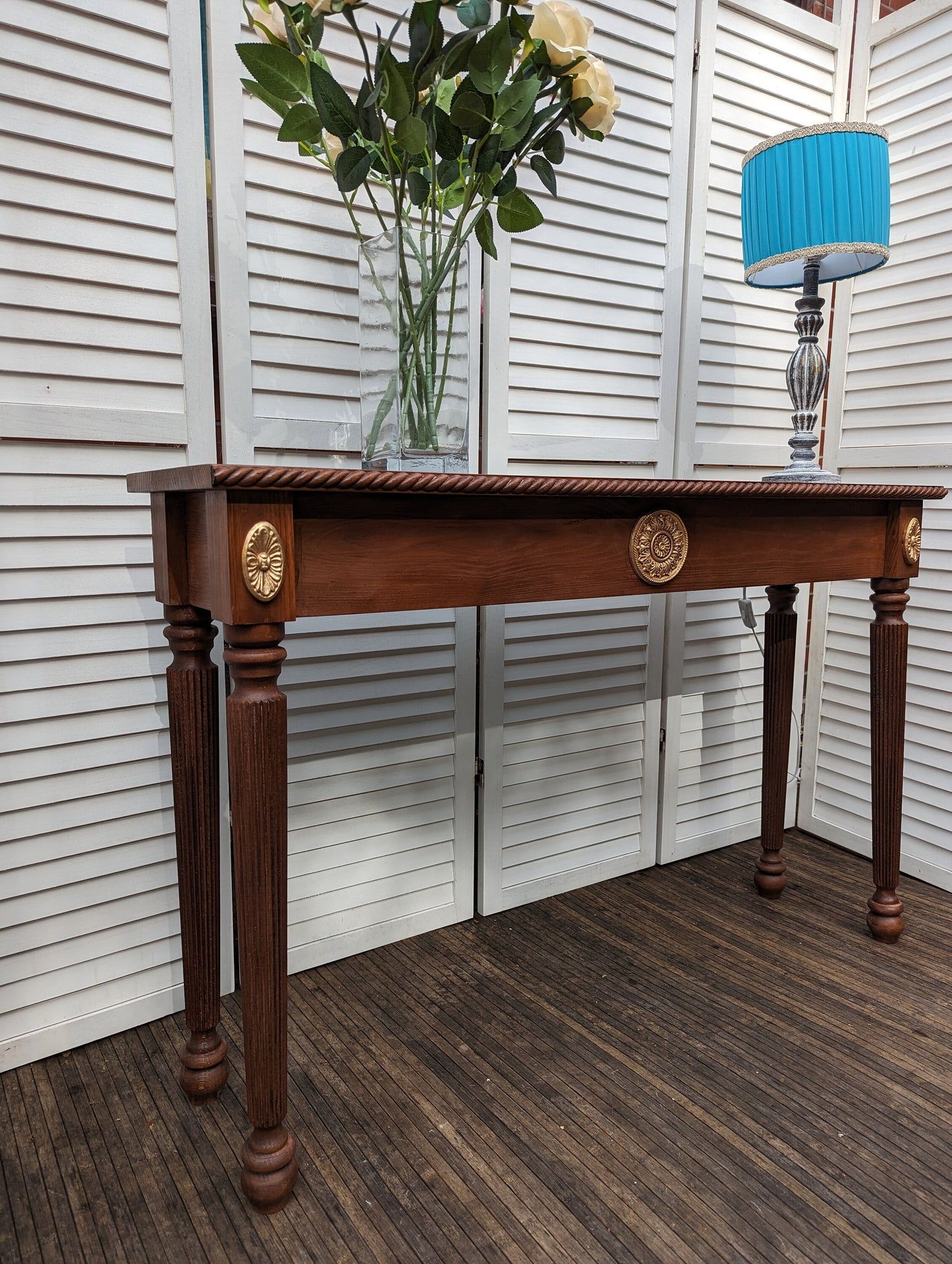 Satin Wood colours table French, Vintage style, wooden console table, narrow table, entry table, gold ornaments. shabby chic