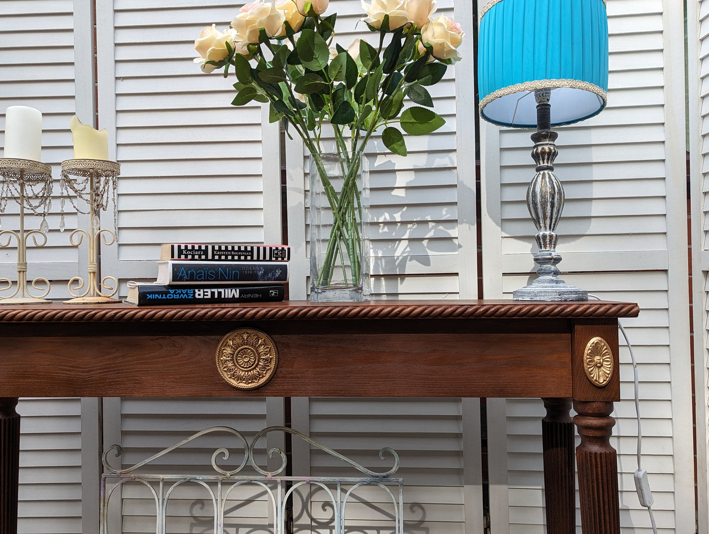 Satin Wood colours table French, Vintage style, wooden console table, narrow table, entry table, gold ornaments. shabby chic