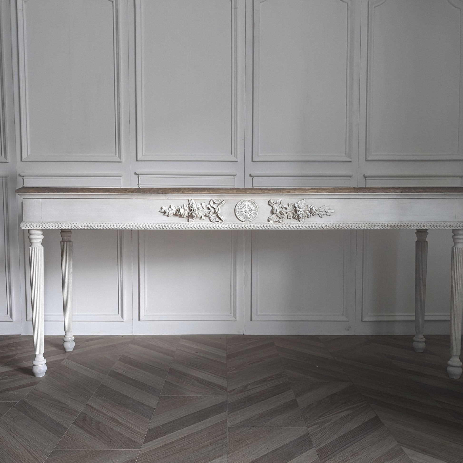 French style carved wooden console table distress finish, White wooden console, carved console, narrow table,