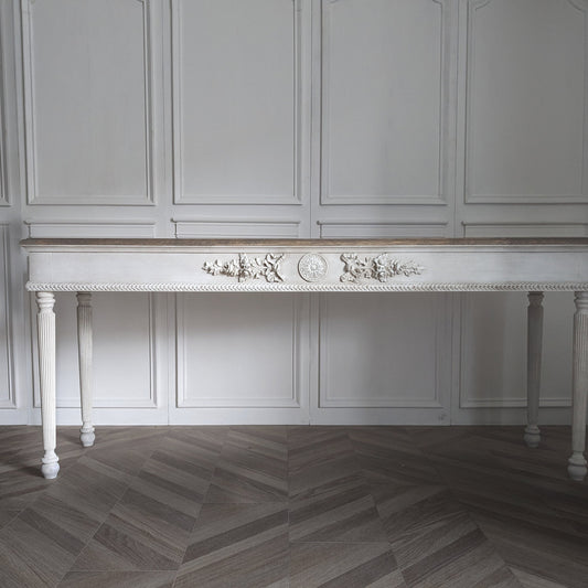 French style carved wooden console table distress finish, White wooden console, carved console, narrow table,