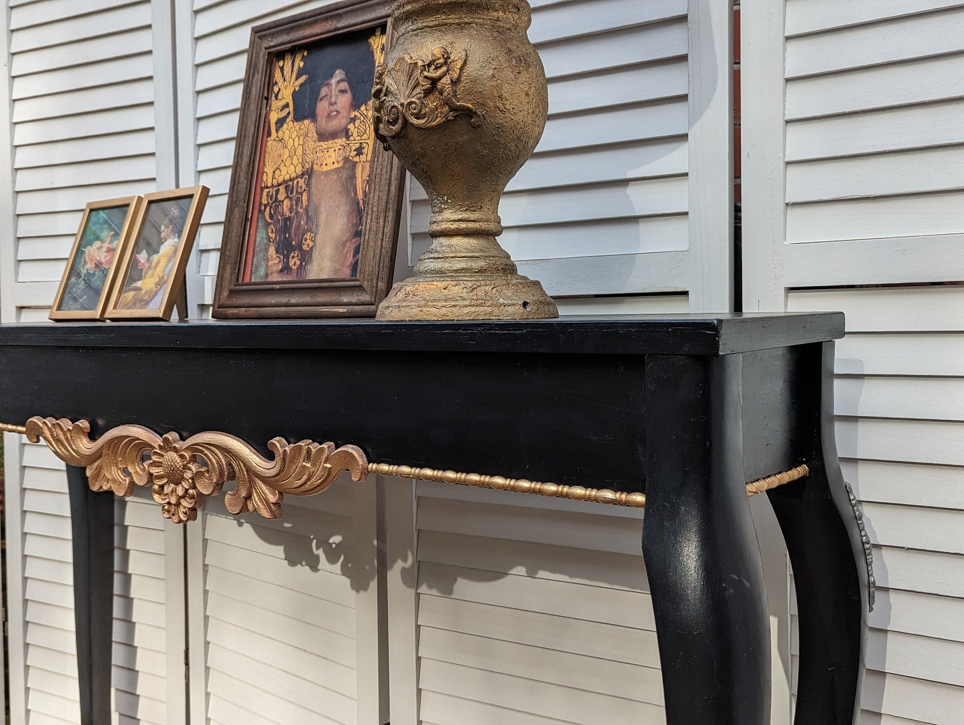 Black with gold ornaments French style carved wooden console table, narrow table, vintage, vanity, dressing, shabby chic etnty table.