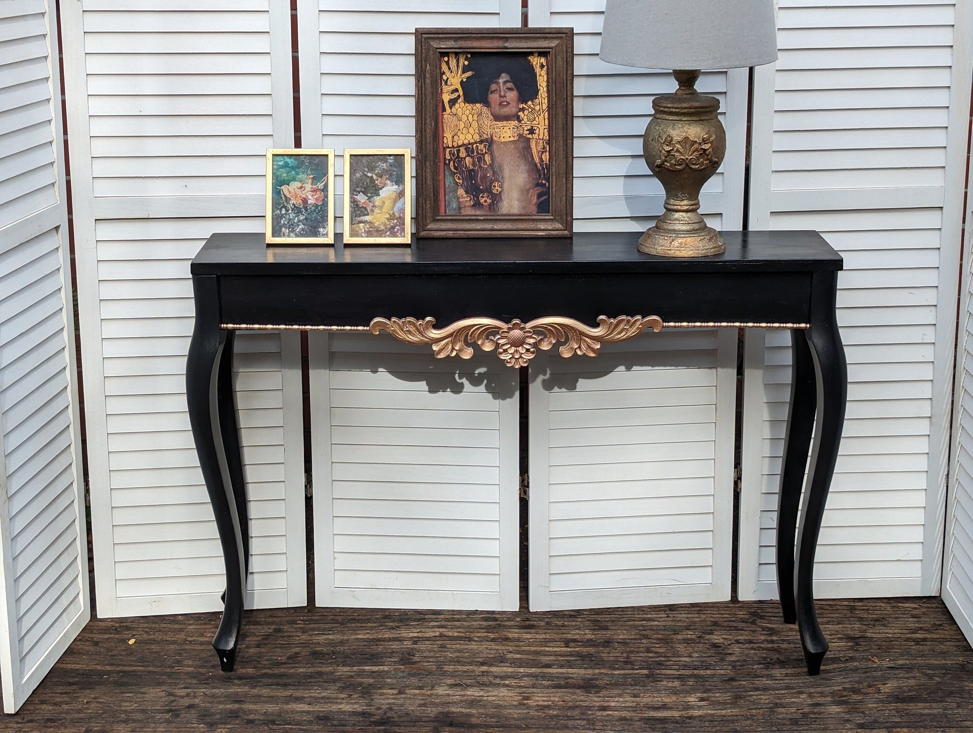 Black with gold ornaments French style carved wooden console table, narrow table, vintage, vanity, dressing, shabby chic etnty table.