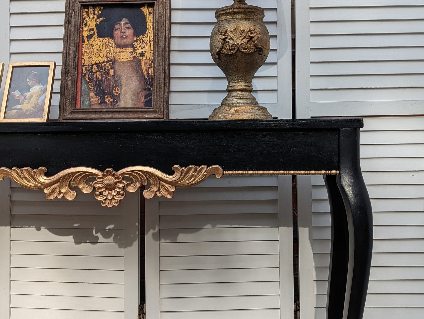 Black with gold ornaments French style carved wooden console table, narrow table, vintage, vanity, dressing, shabby chic etnty table.