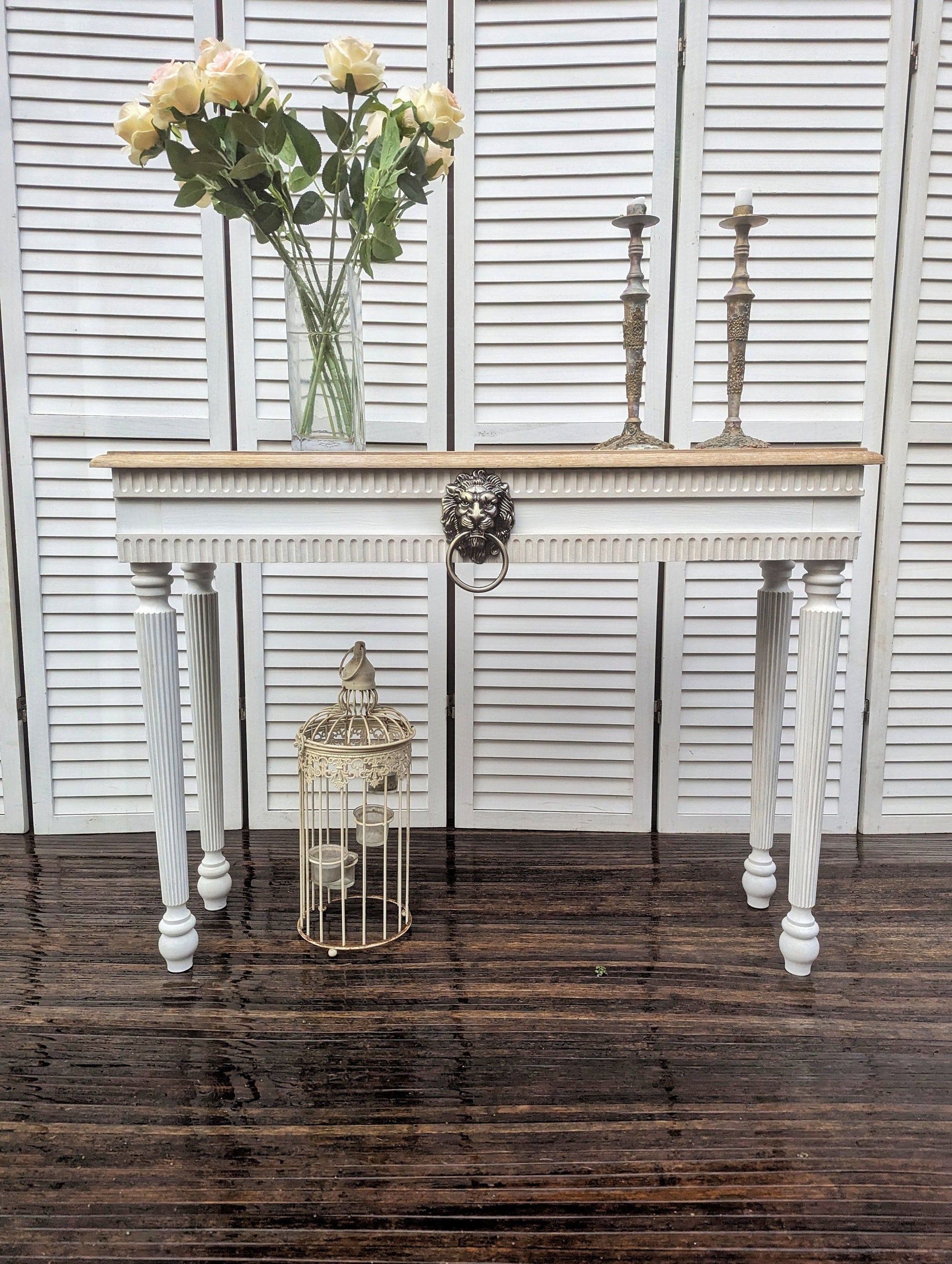 Vintage French style carved wooden console table distress finish, White wooden console, narrow table,