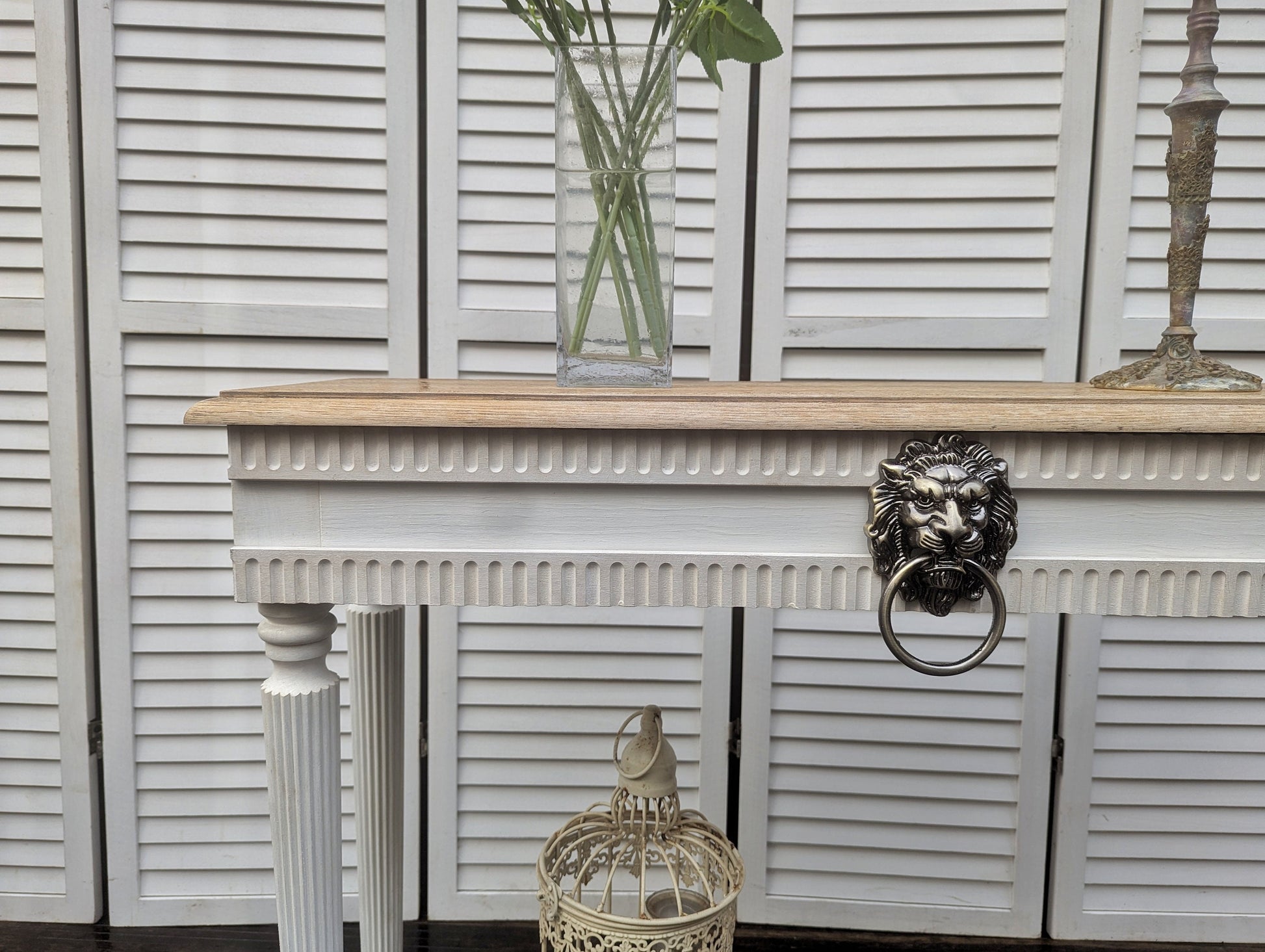 Vintage French style carved wooden console table distress finish, White wooden console, narrow table,