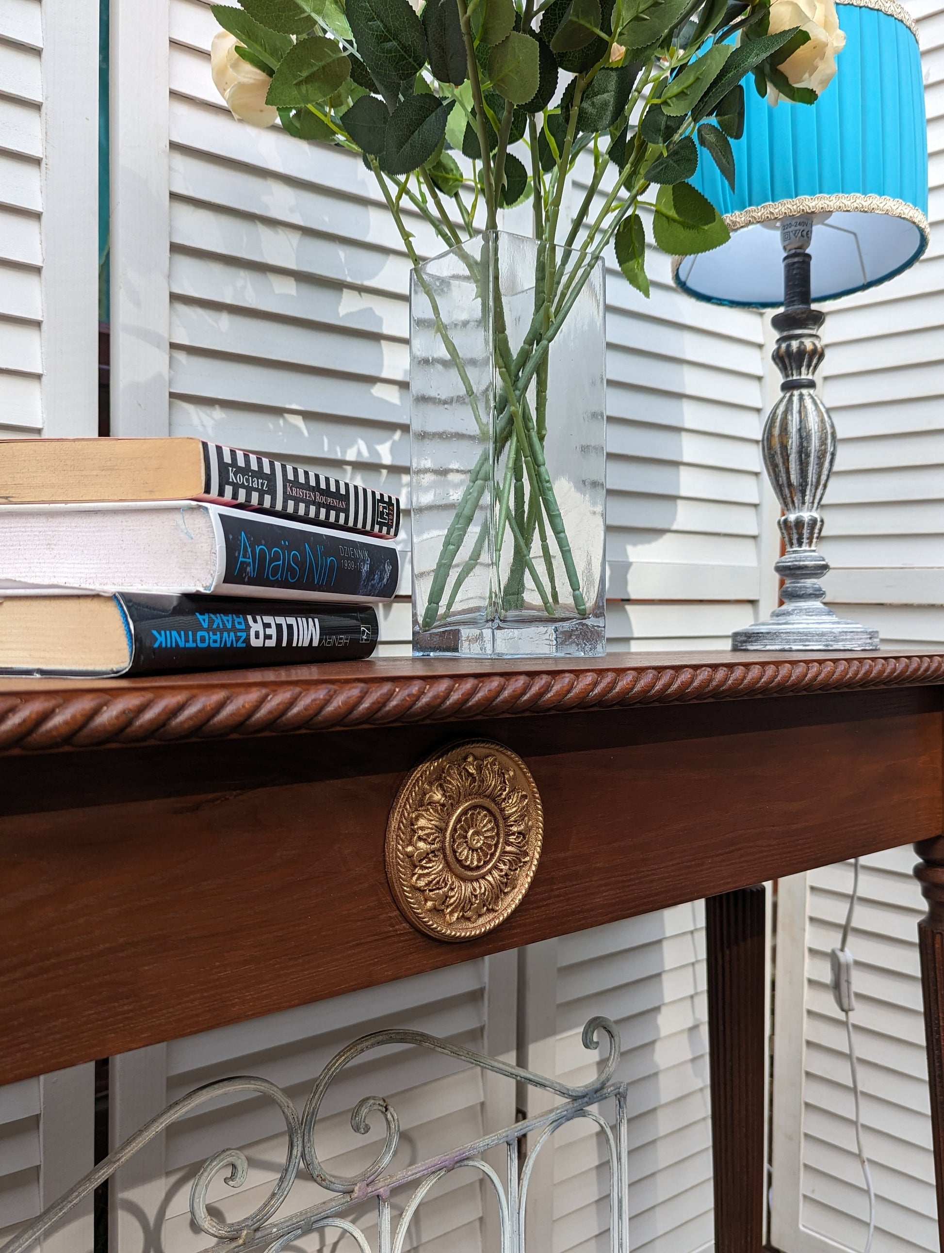 Satin Wood colours table French, Vintage style, wooden console table, narrow table, entry table, gold ornaments. shabby chic