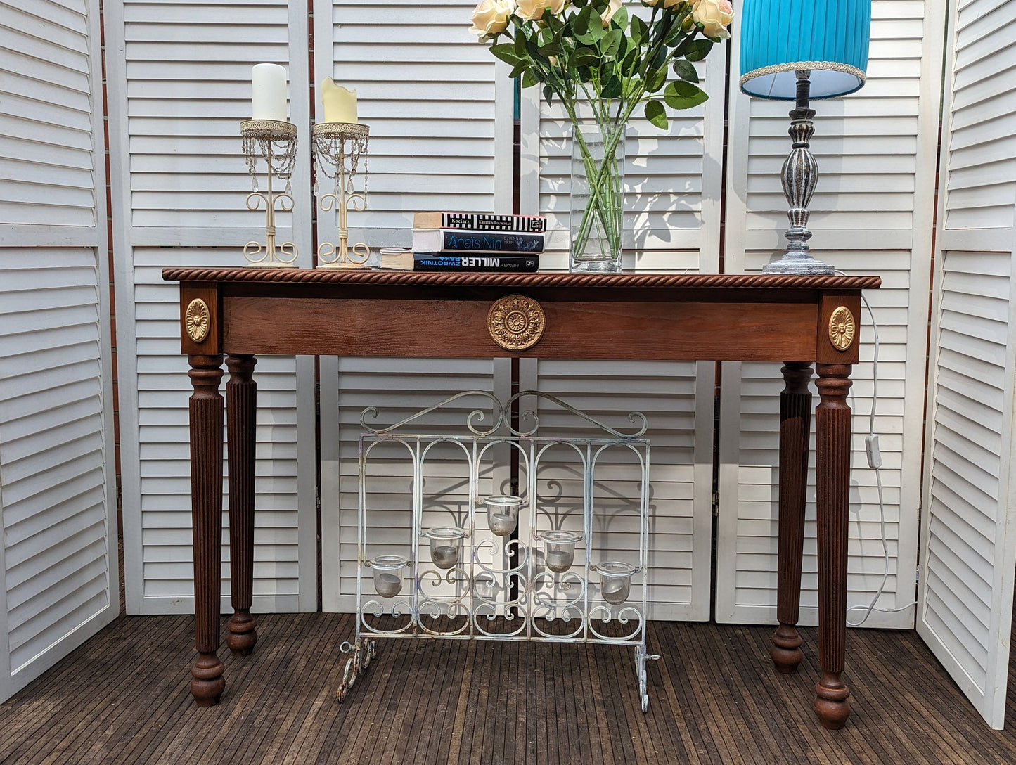 Satin Wood colours table French, Vintage style, wooden console table, narrow table, entry table, gold ornaments. shabby chic