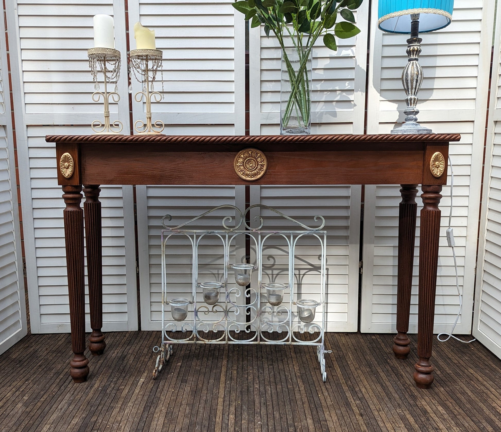 Satin Wood colours table French, Vintage style, wooden console table, narrow table, entry table, gold ornaments. shabby chic