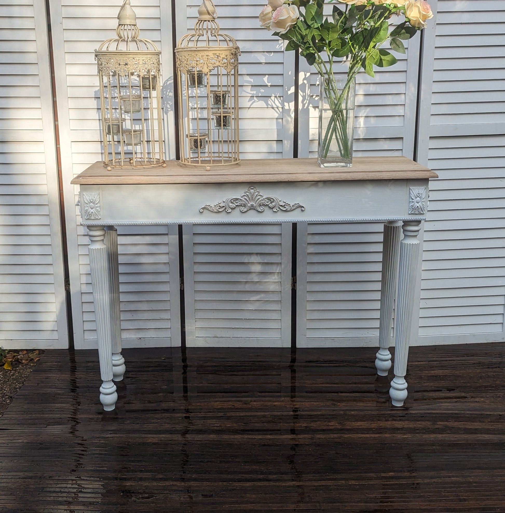 French, vintage style carved wooden console table distress finish, shabby Chic, narrow table,