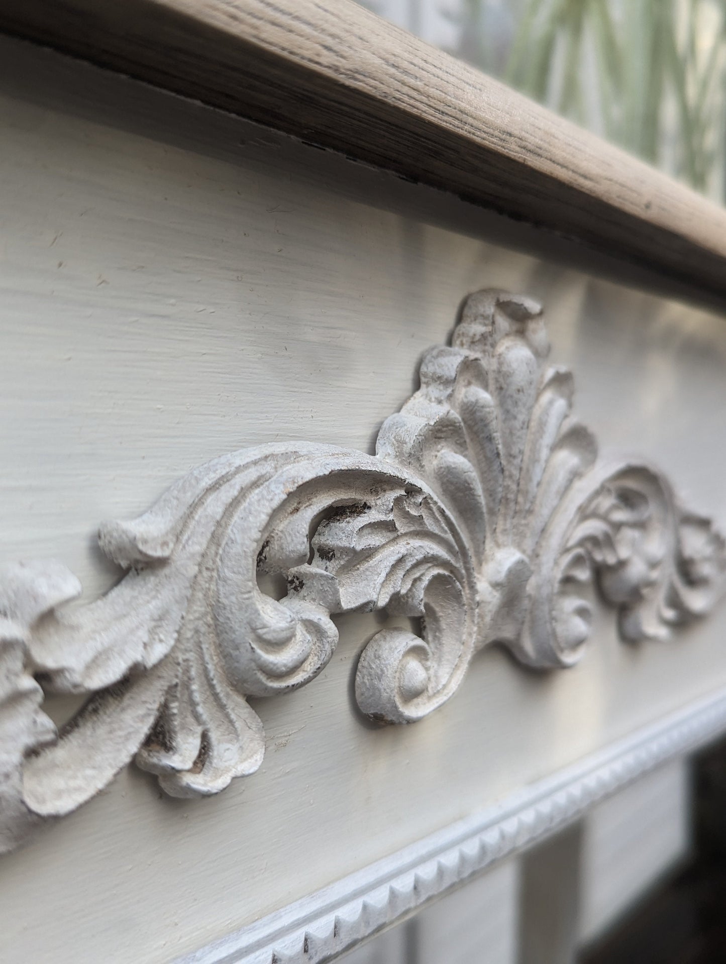 French, vintage style carved wooden console table distress finish, shabby Chic, narrow table,