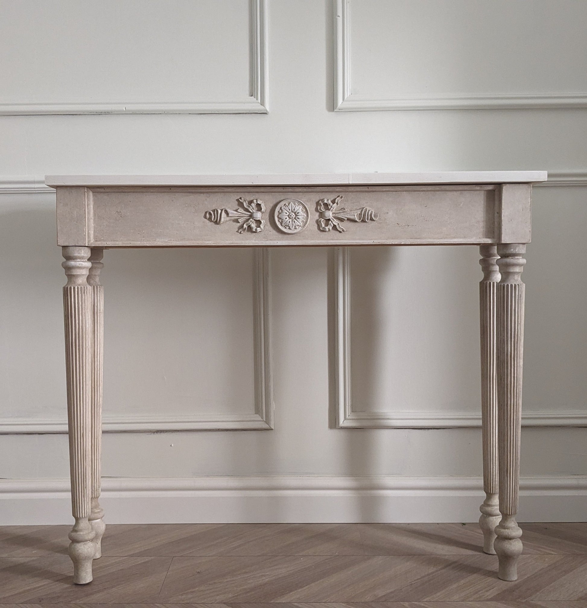 French style carved wooden console table distress finish, White wooden console, carved console, narrow table,