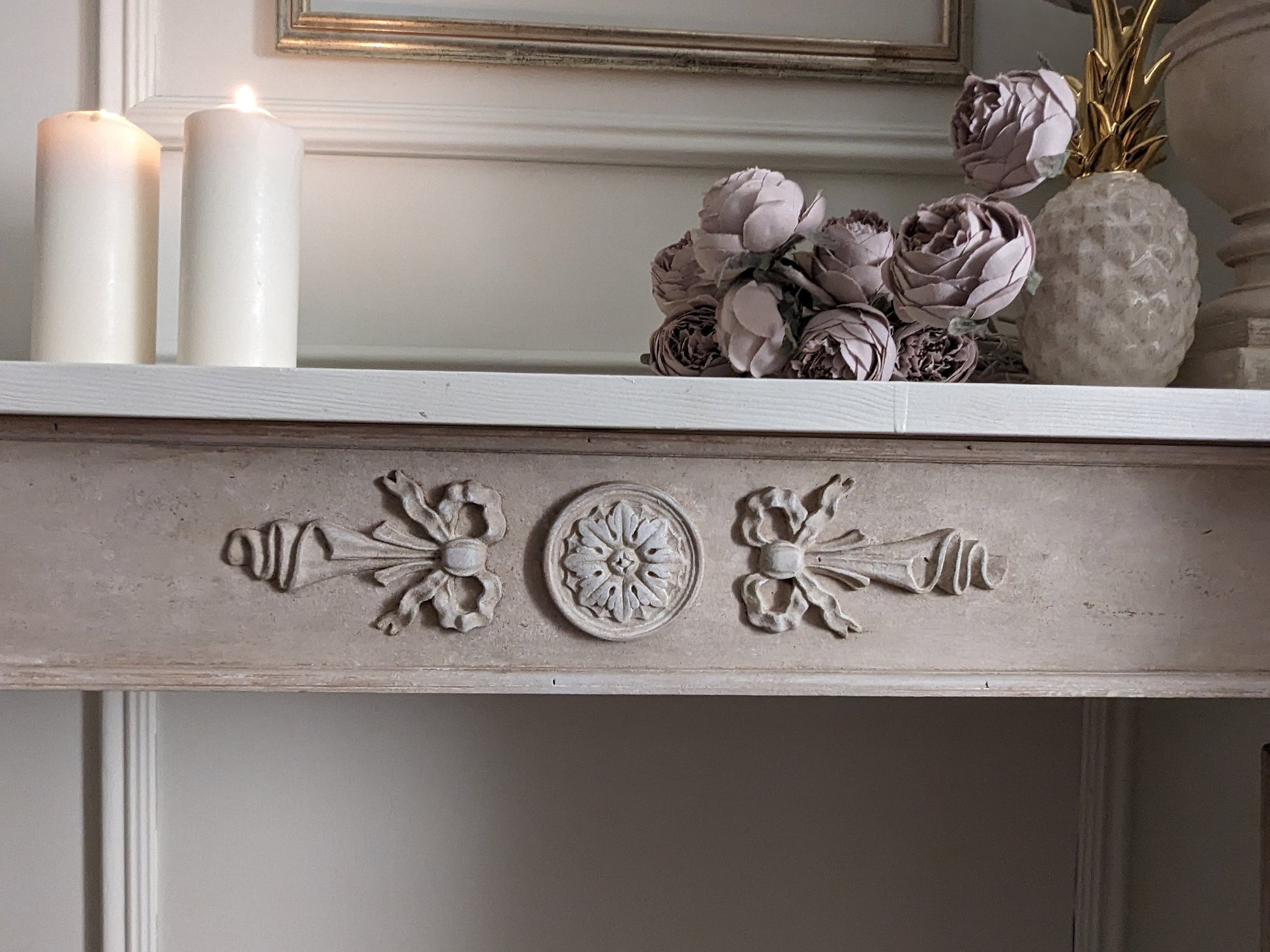 French style carved wooden console table distress finish, White wooden console, carved console, narrow table,