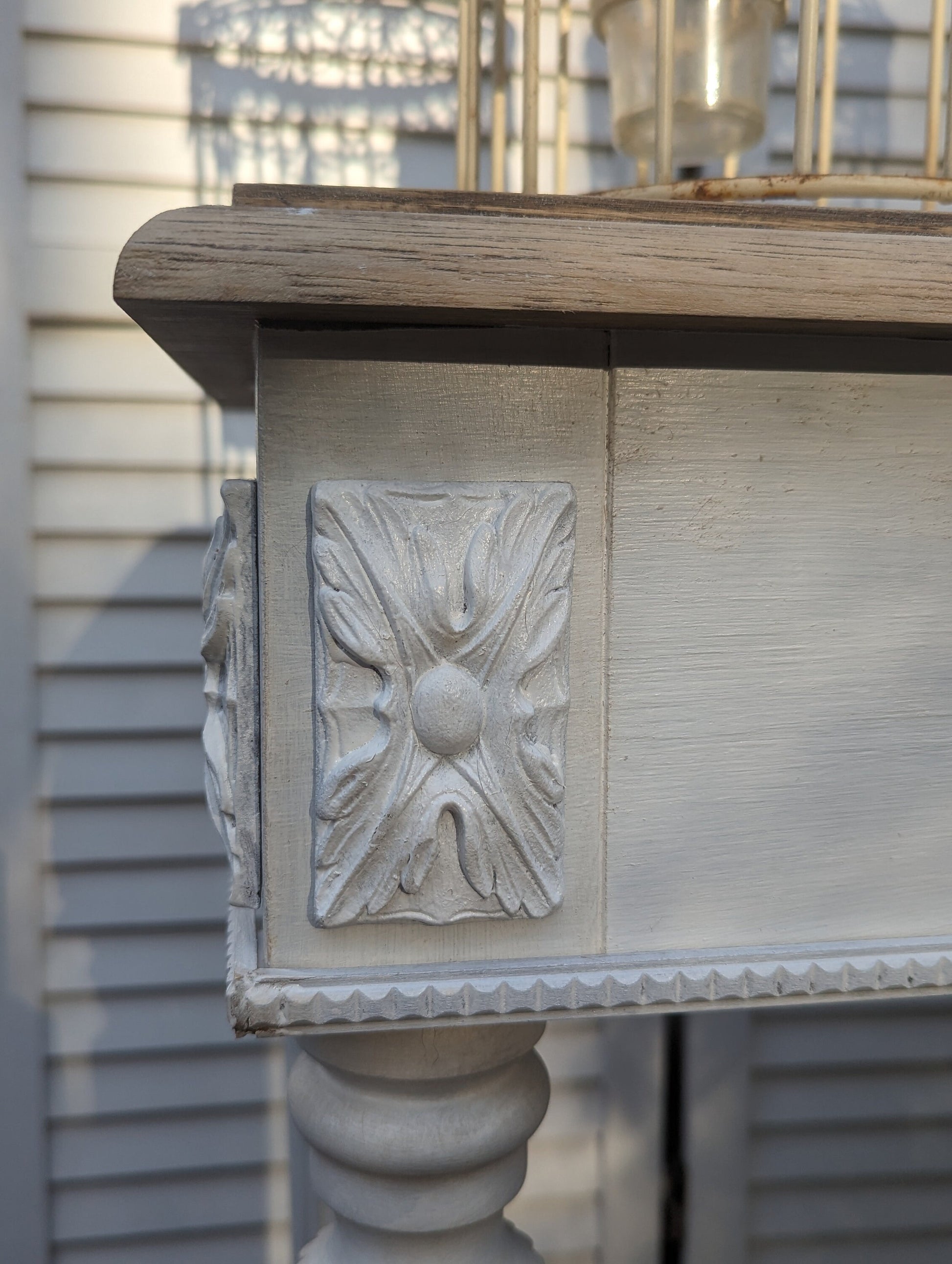 French style carved wooden console table distress finish, entry table, narrow table, dressing table. Vanity.