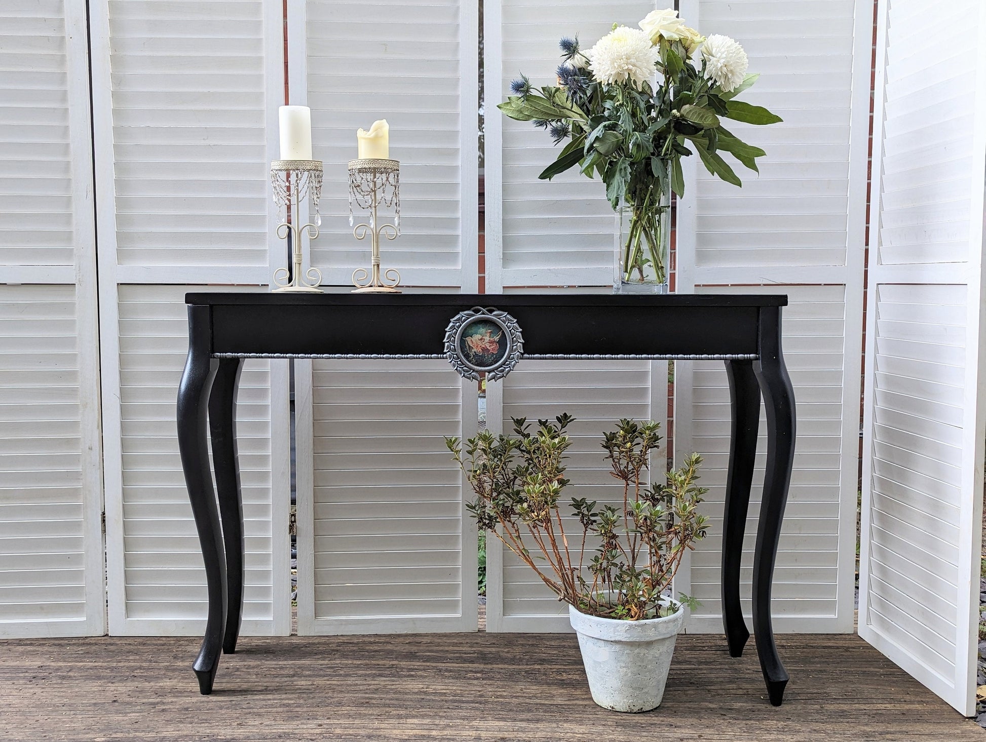 French style carved wooden desk, black finish, wooden desk, console, carved desk, silver ornaments