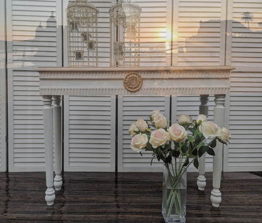 French style, oak top, gold ornaments, entry table, narrow table, dressing table. Vanity. Console table.