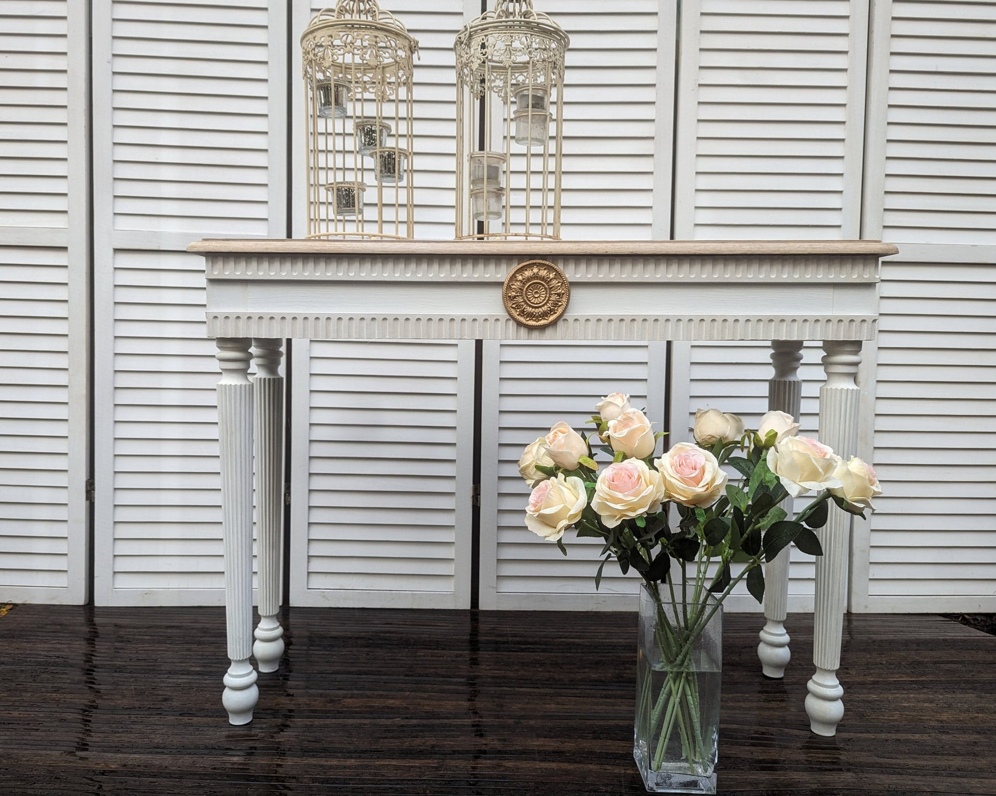 French style, oak top, gold ornaments, entry table, narrow table, dressing table. Vanity. Console table.