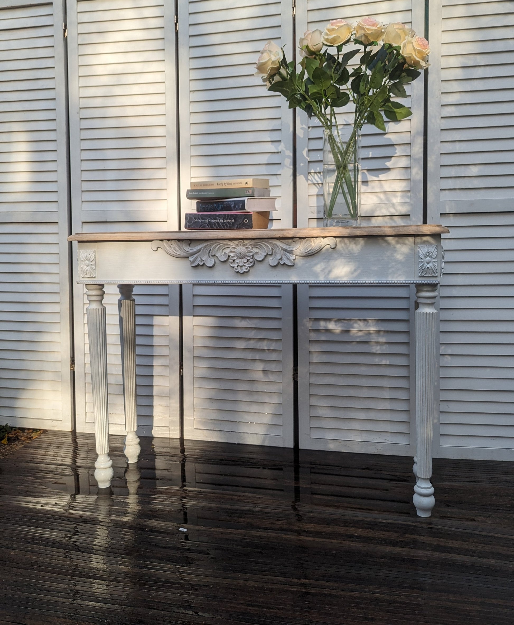 Classy, French, vintage style carved wooden console table, distress finish, entry table, narrow table, dressing table. Vanity. Shabby chic