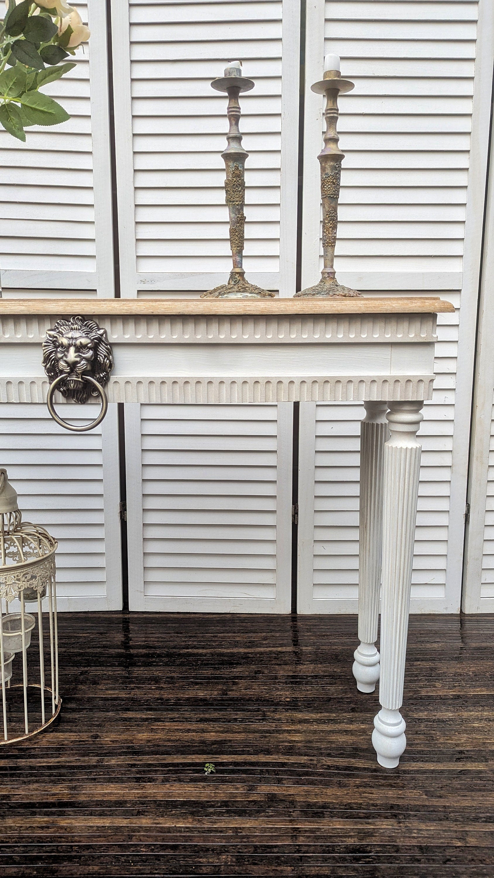 Vintage French style carved wooden console table distress finish, White wooden console, narrow table,