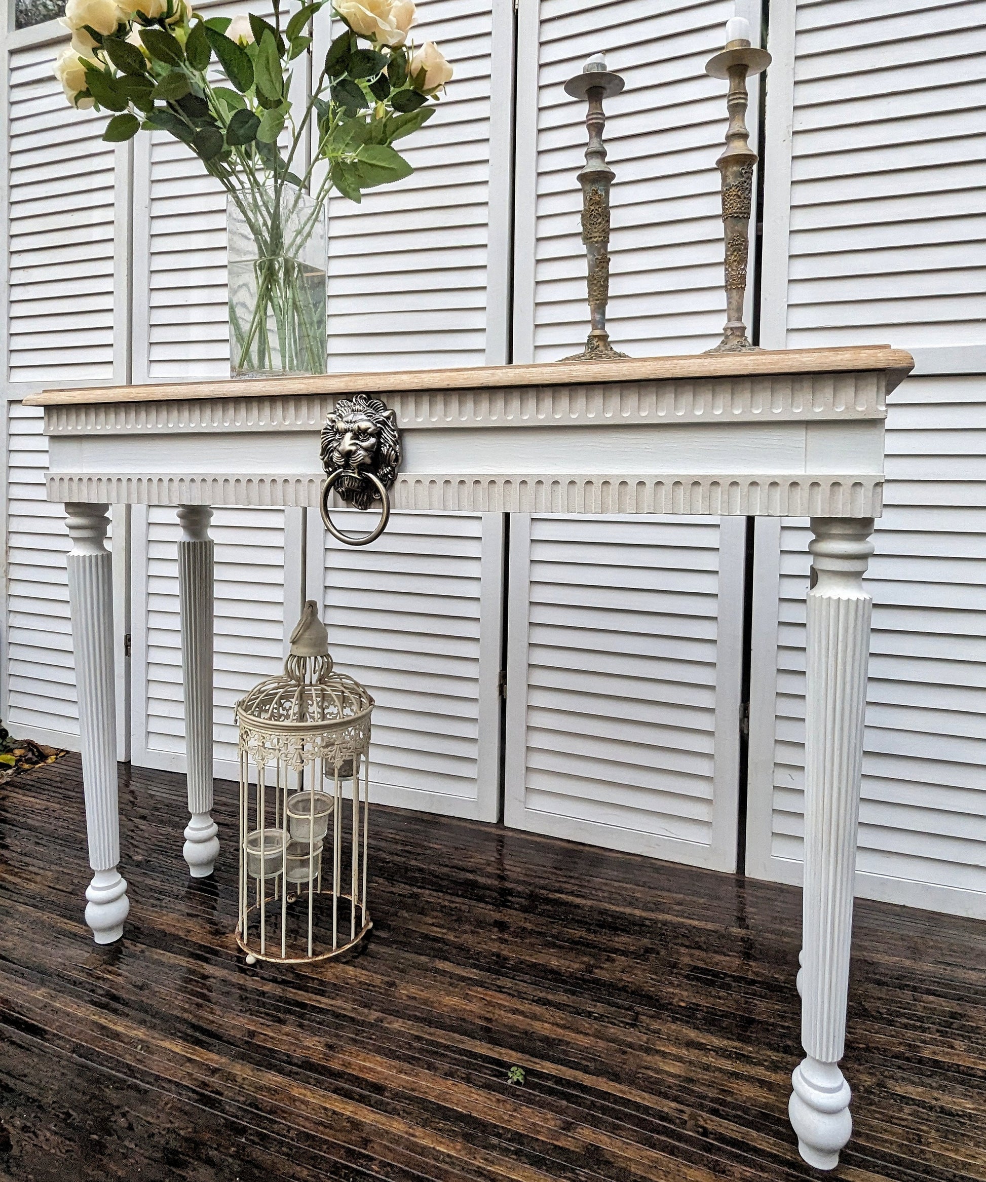 Vintage French style carved wooden console table distress finish, White wooden console, narrow table,