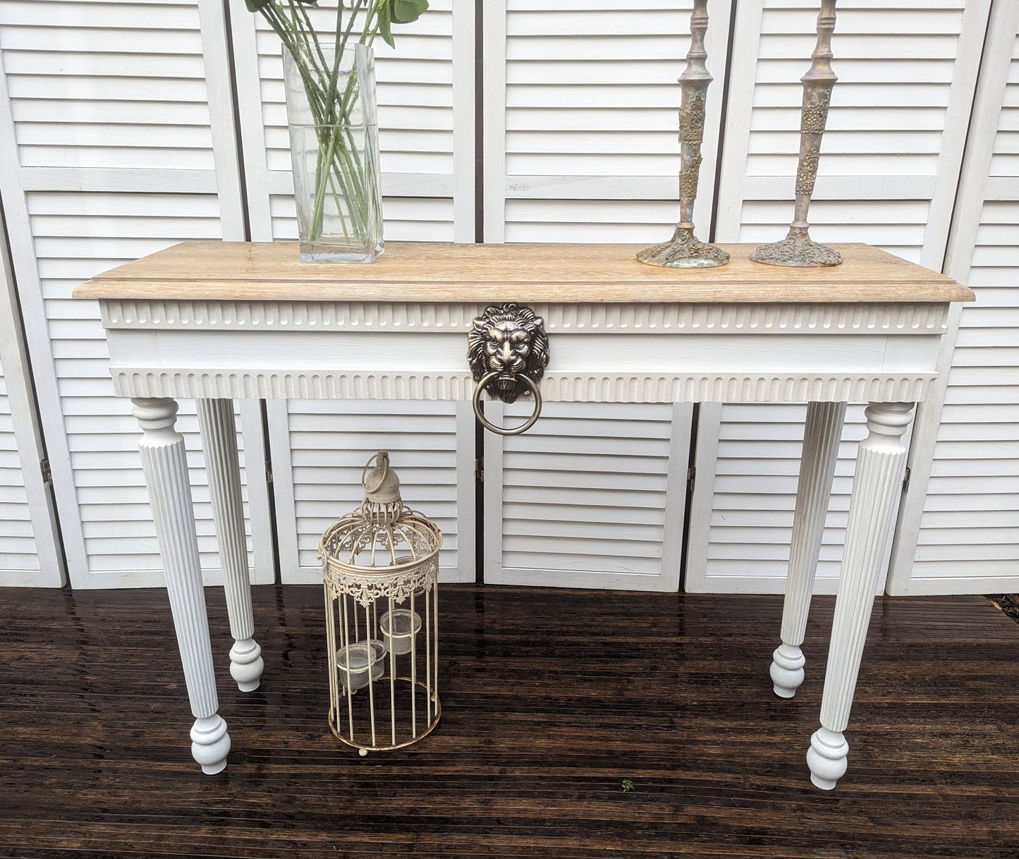 Vintage French style carved wooden console table distress finish, White wooden console, narrow table,