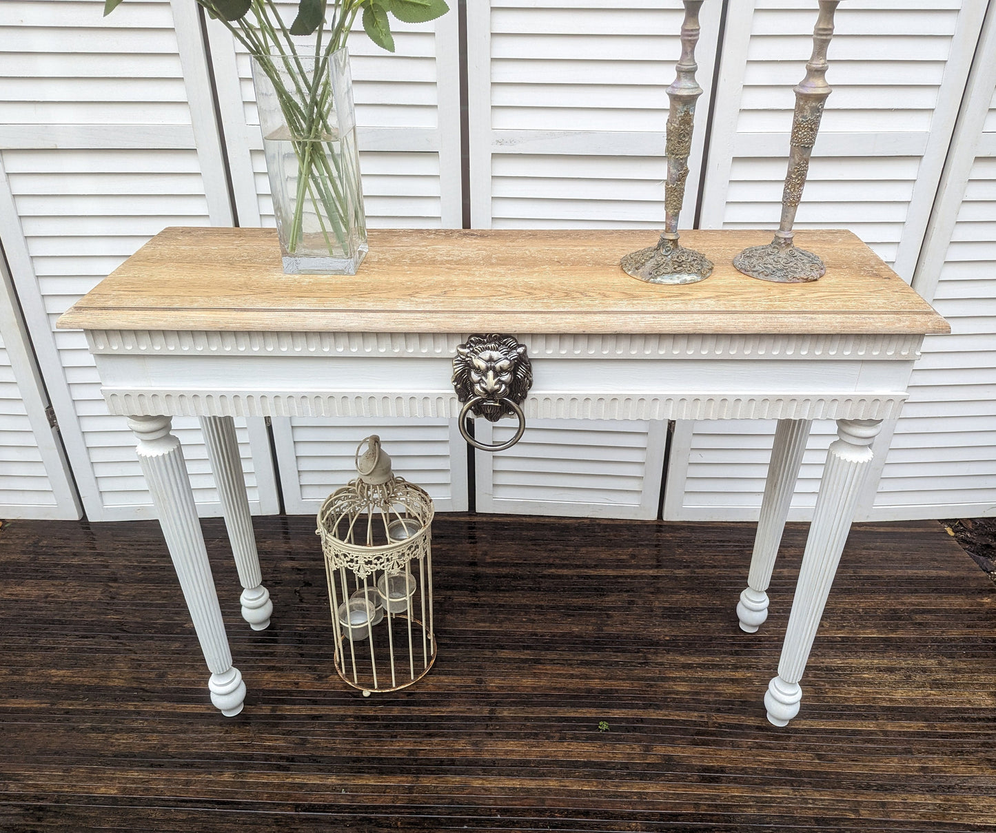 Vintage French style carved wooden console table distress finish, White wooden console, narrow table,