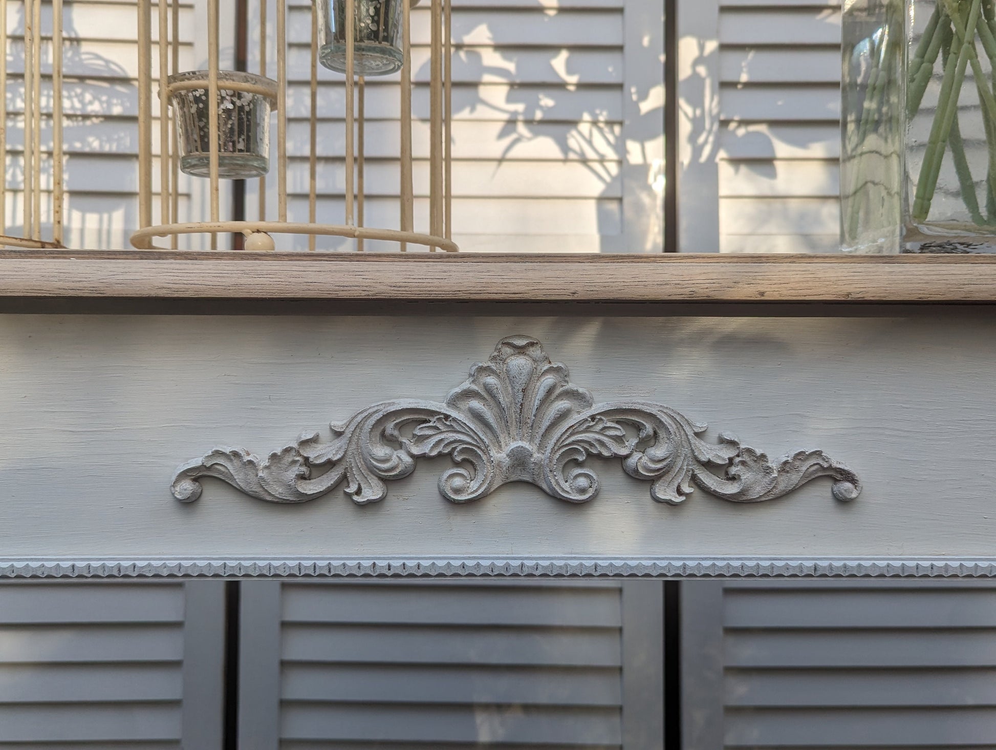 French, vintage style carved wooden console table distress finish, shabby Chic, narrow table,