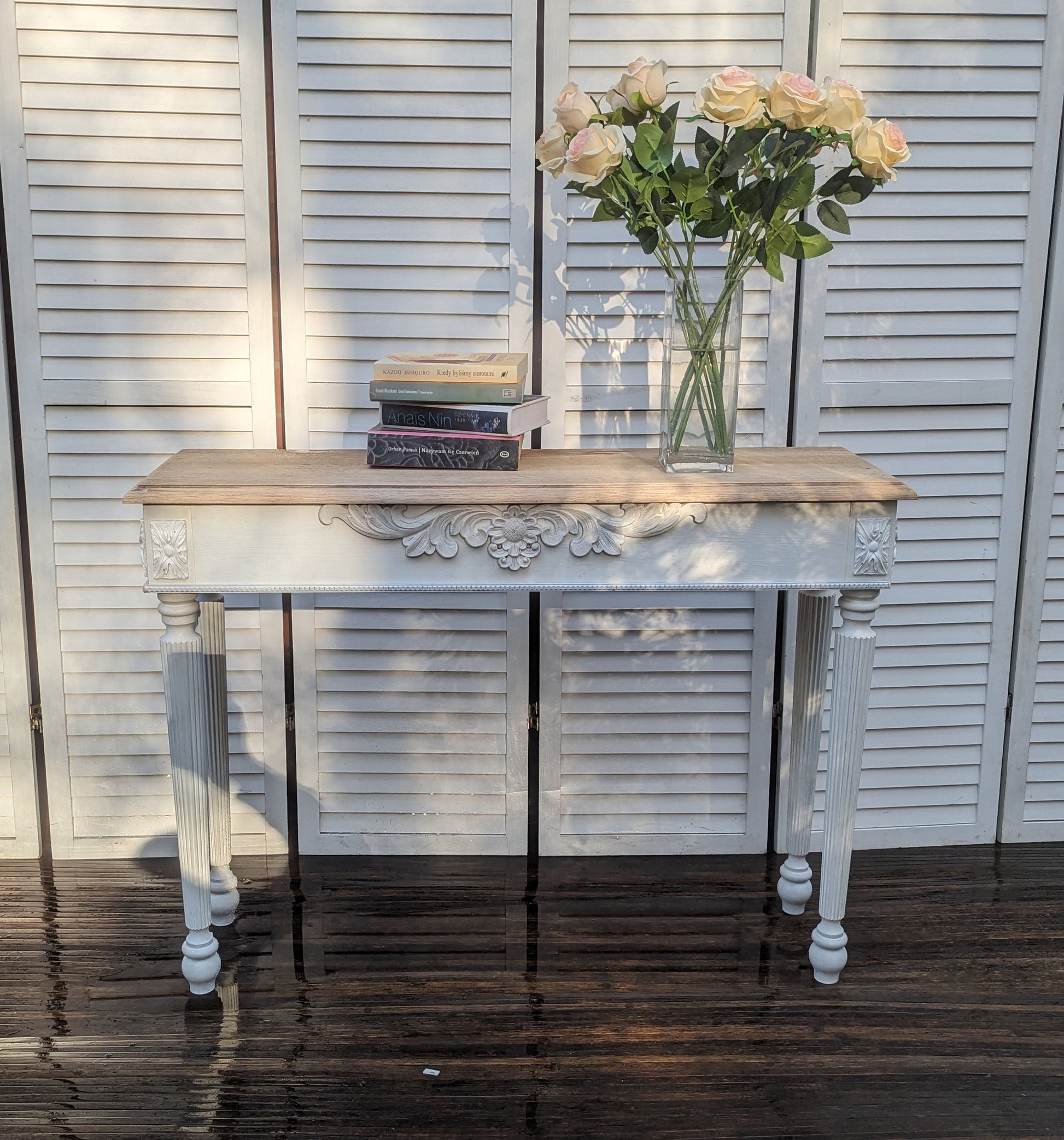 French, vintage style carved wooden console table distress finish, shabby Chic, narrow table,